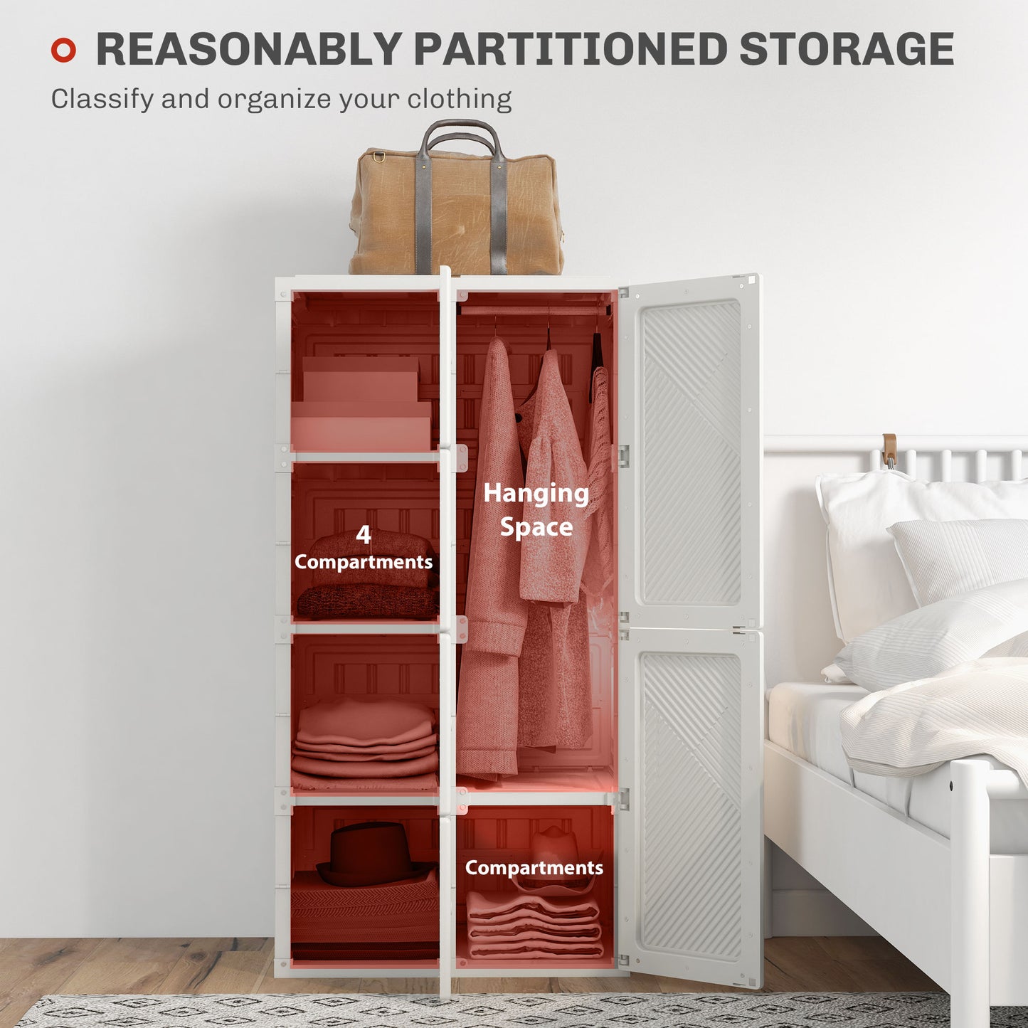 HOMCOM Portable Wardrobe, Foldable Clothes Storage Organzier with 5 Compartments, 1 Hanging Rod, Magnet Doors, White