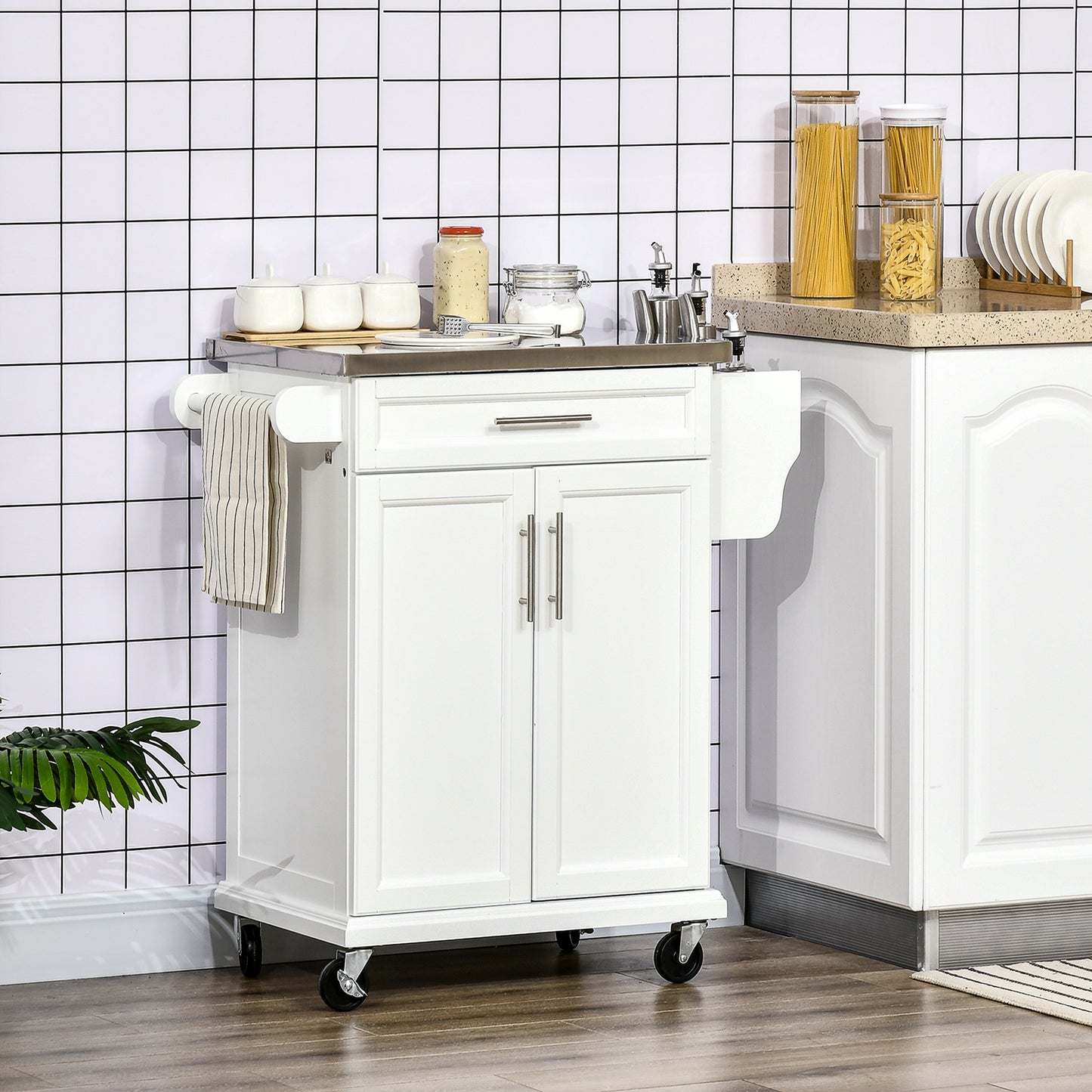 HOMCOM Kitchen Island with Stainless Steel Top, Rolling Kitchen Cart on Wheels with Storage Drawer, Cabinet, Towel Rack and Spice Rack (Black)