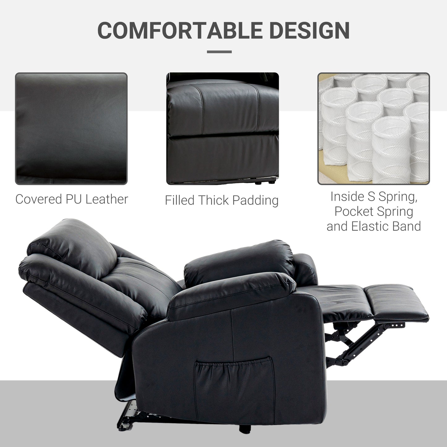 HOMCOM PU Leather Reclining Chair, Recliner Chair for Living Room with Footrest and 2 Side Pockets, Black