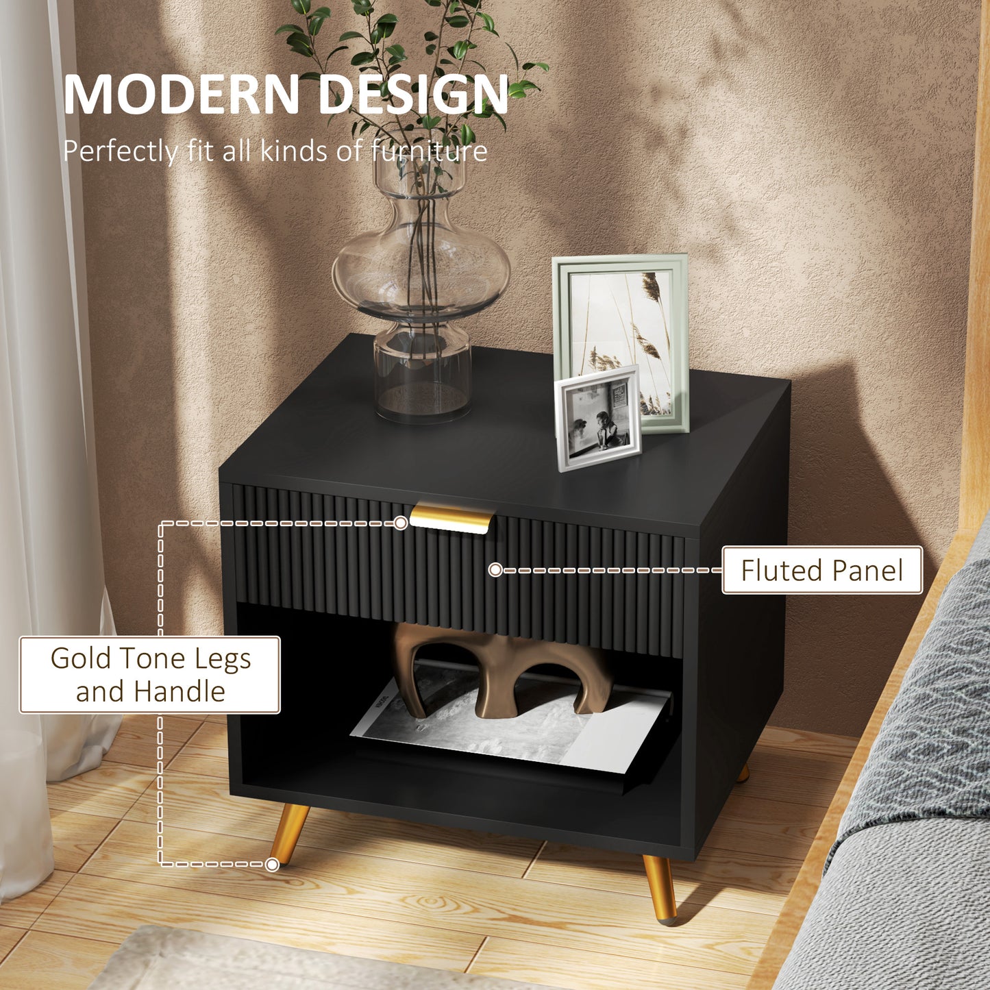 HOMCOM Nightstand with Fluted Panel, Bedside Table with Drawer and Open Compartment, Modern Night Table for Bedroom, Black
