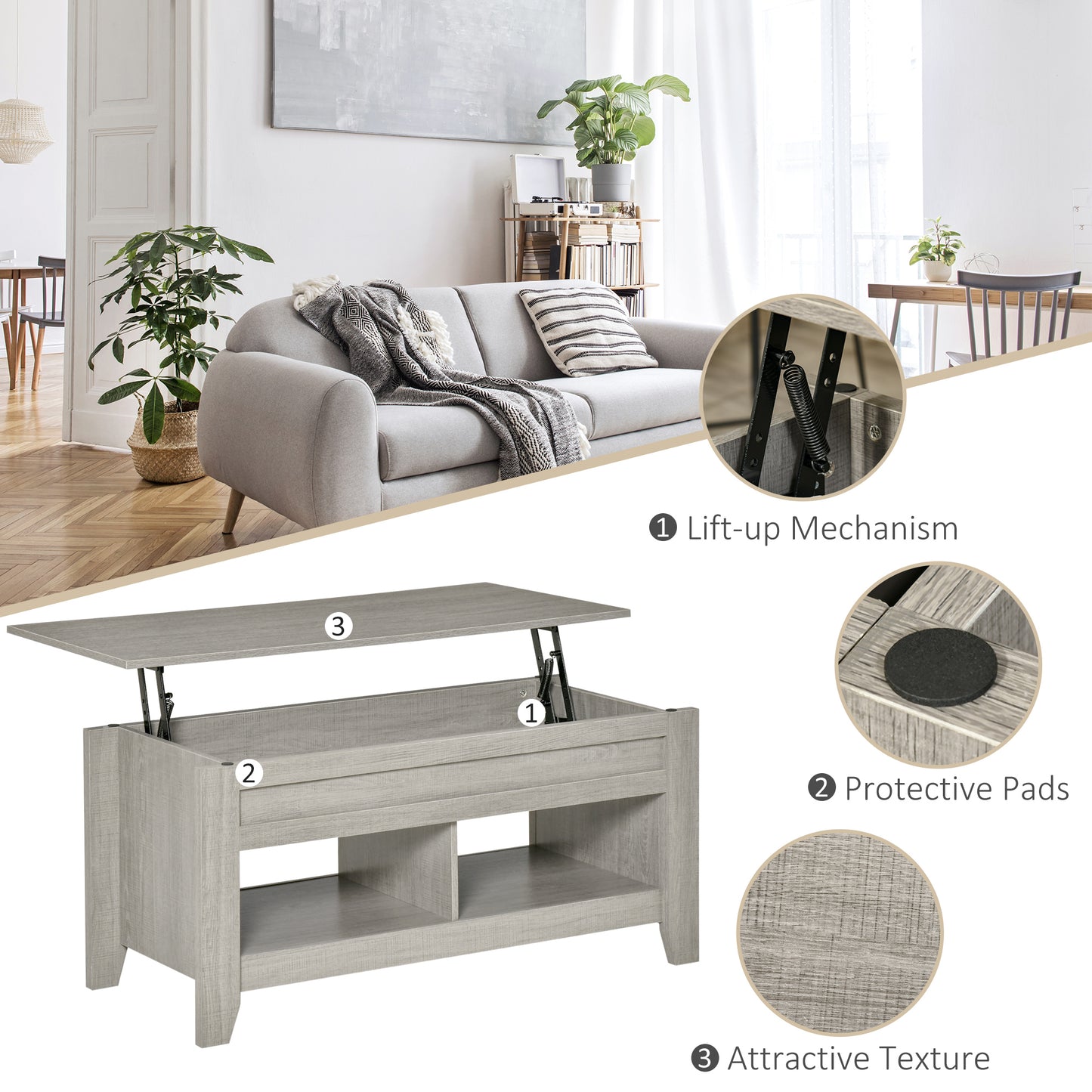 HOMCOM Lift Top Coffee Table with Hidden Storage Compartment and Open Shelves, Lift Tabletop Pop-Up Center Table for Living Room, White