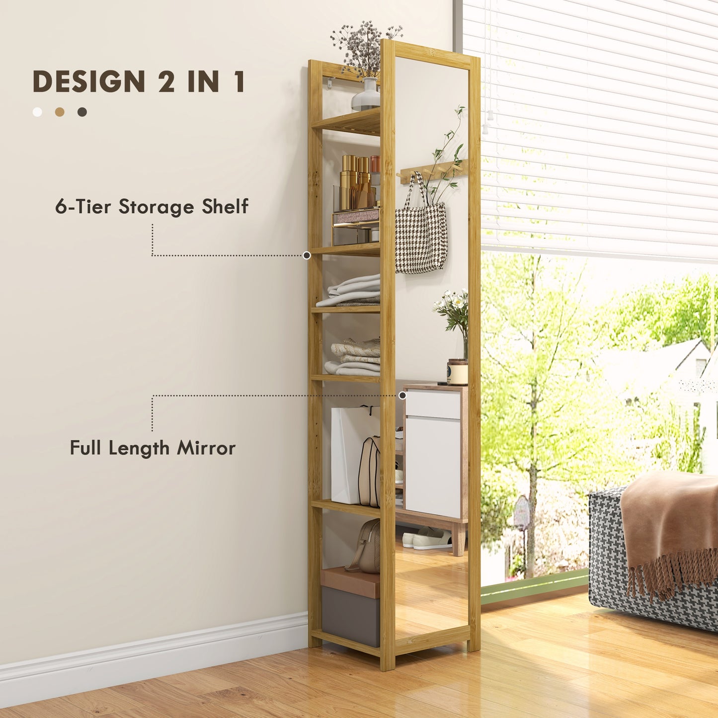 HOMCOM 66" x 14" Standing Mirror with 6-Tier Shelf, Floor Mirror Full Body Mirror for Bathroom, Living Room, Nature Wood