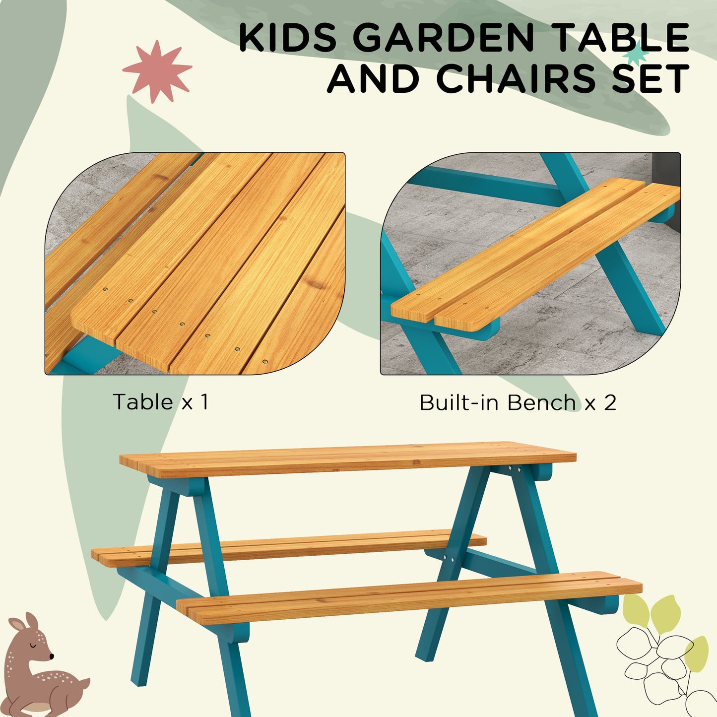 Outsunny Kids Outdoor Table Set Wooden Toddler Picnic Table and Benches for 4 Kids 3-8 Years, Easy Installation, Natural Wood