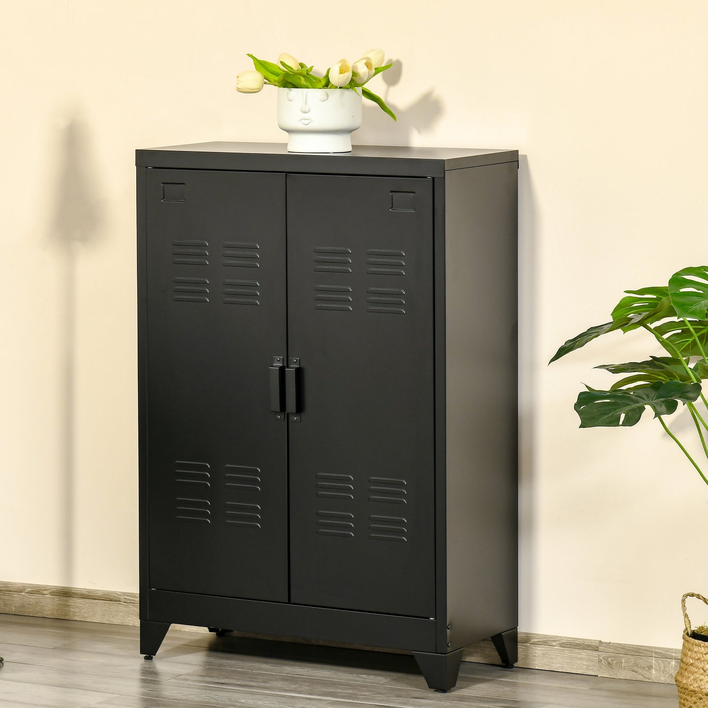 HOMCOM Metal Storage Cabinet, Industrial Sideboard Buffet Cabinet with 2 Louvered Doors, Adjustable Shelves, Grey