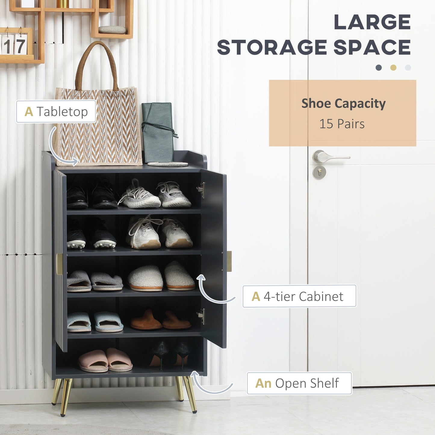 HOMCOM Entryway Shoe Storage Cabinet, Narrow Shoe Cabinet with Adjustable Shelves and Open Shelf for 15 Pairs of Shoes, Grey