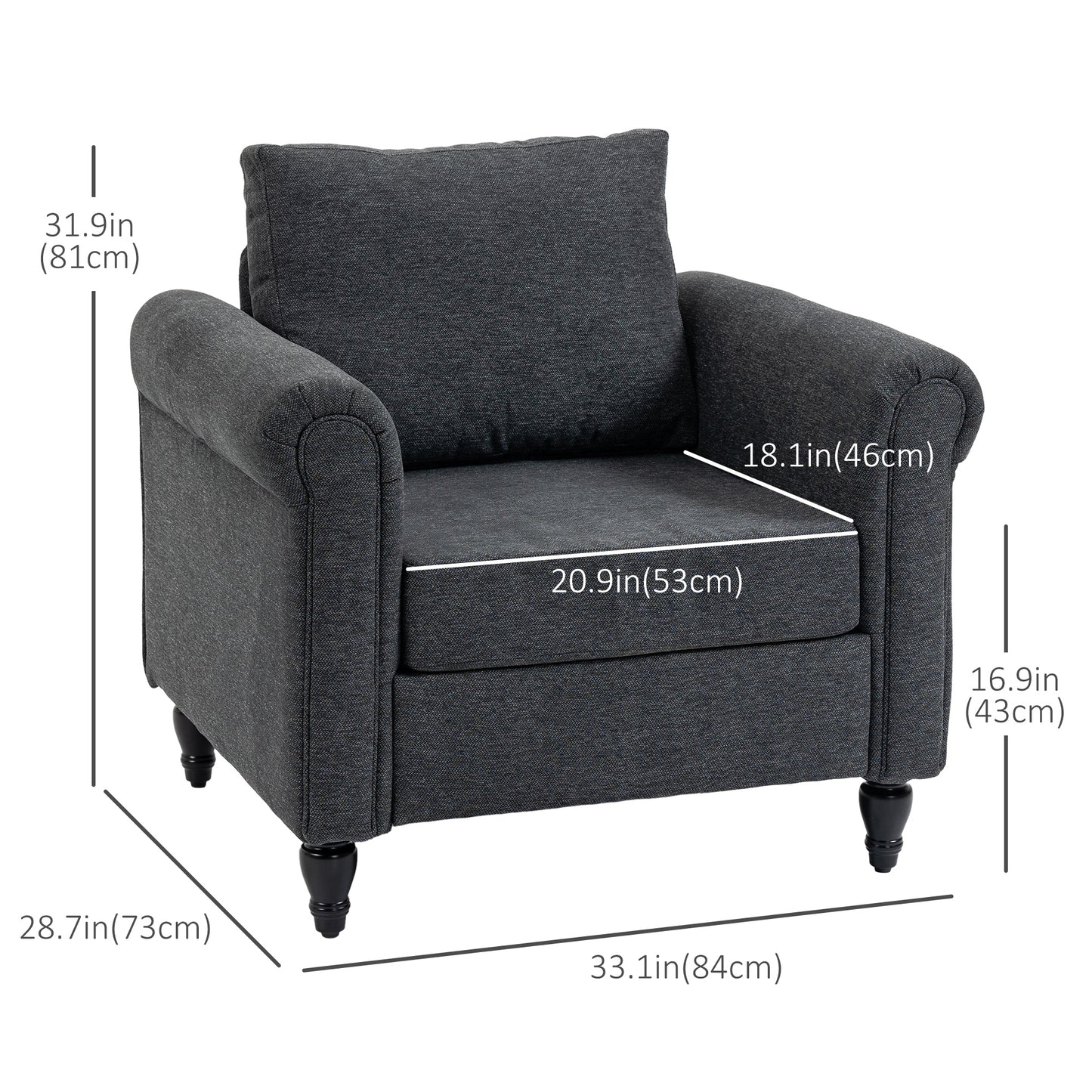 HOMCOM Vintage Armchair, Upholstered Accent Chair with Rolled Arms, Gourd-Shaped Rubber Wood Legs, Light Grey