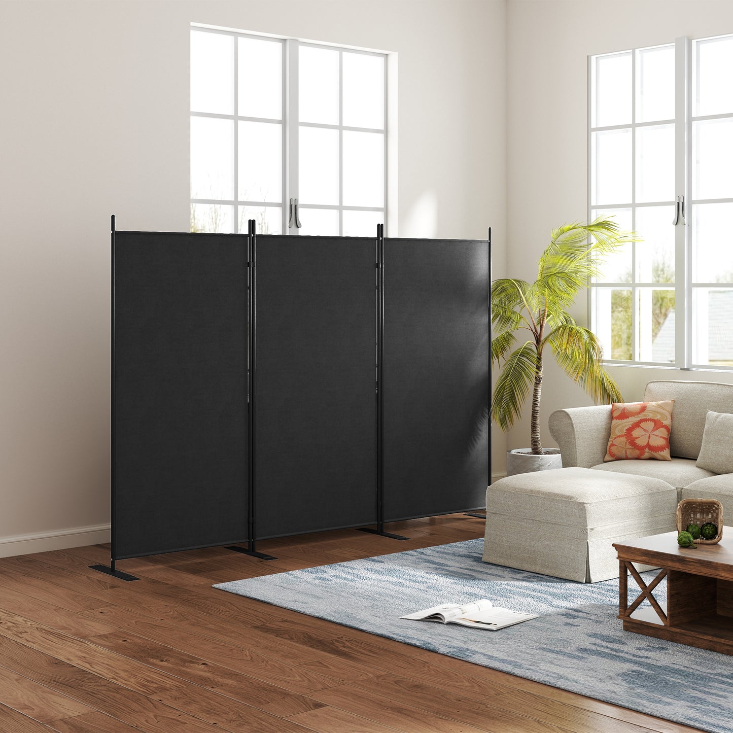 Outsunny 3 Panel Folding Outdoor Privacy Screen, 5.8FT Tall Room Divider with UV30+ Protection, Freestanding Privacy Panel Partition with Stable Base for Indoor Outdoor, Dark Grey