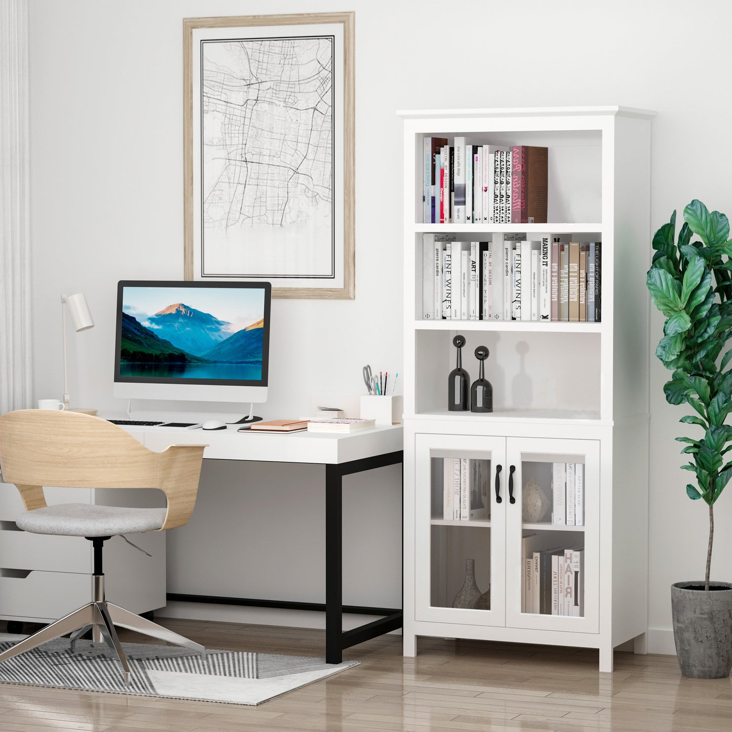 HOMCOM Multifunctional Storage Cabinet Bookcase with Adjustable Shelves Display Rack for Study, Kitchen, Living Room, White