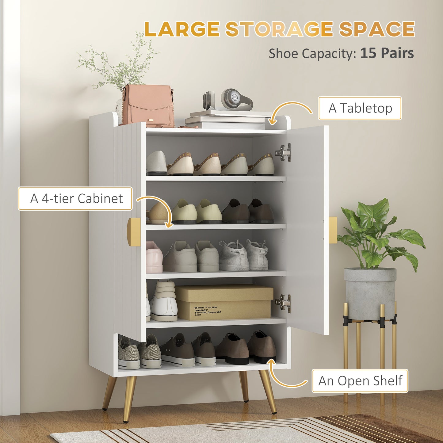 HOMCOM Entryway Shoe Storage Cabinet, Narrow Shoe Cabinet with Adjustable Shelves and Open Shelf for 15 Pairs of Shoes, Grey