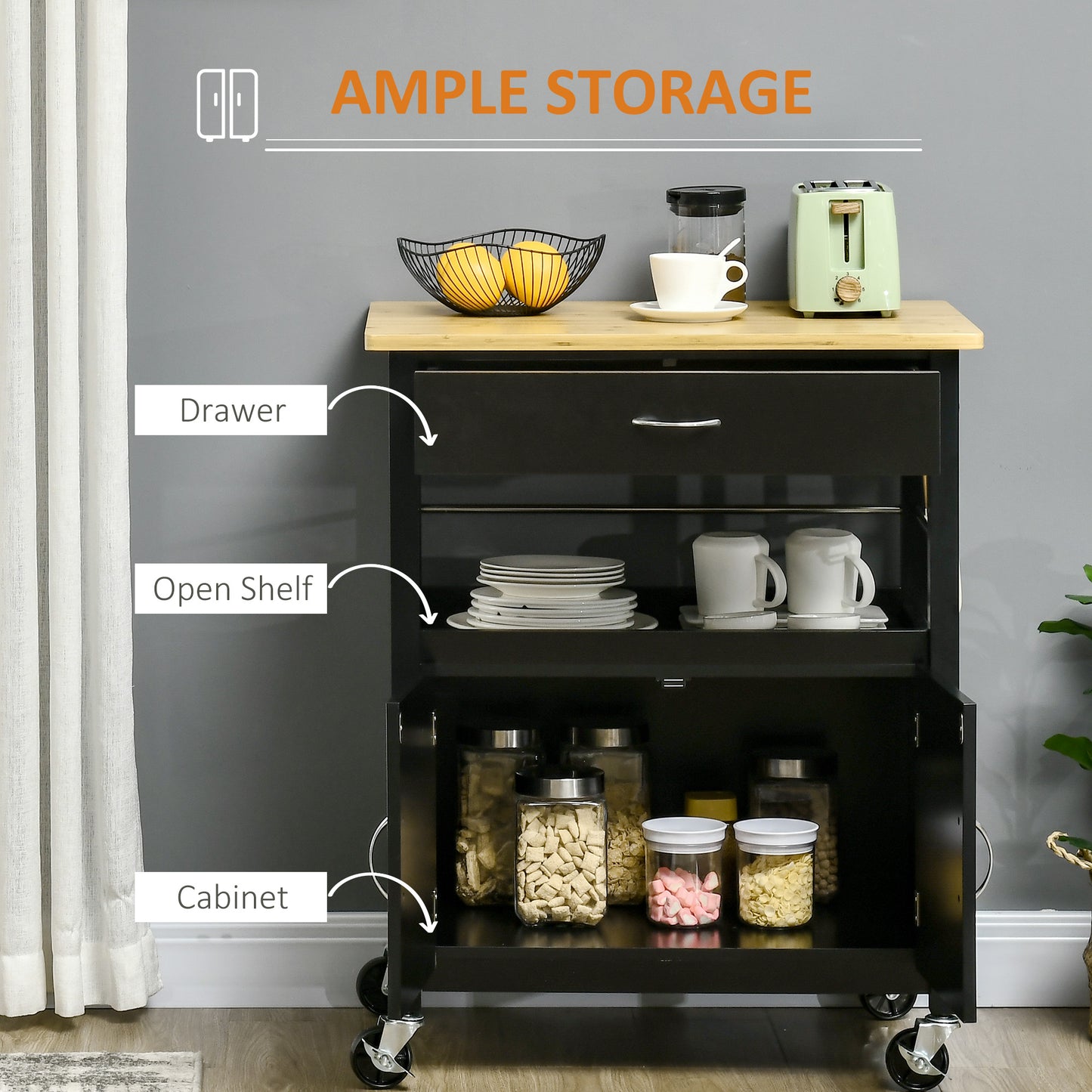 HOMCOM Kitchen Cart, Utility Trolley, Small Kitchen Island with Storage Drawer & Side Hooks for Dining Room, White