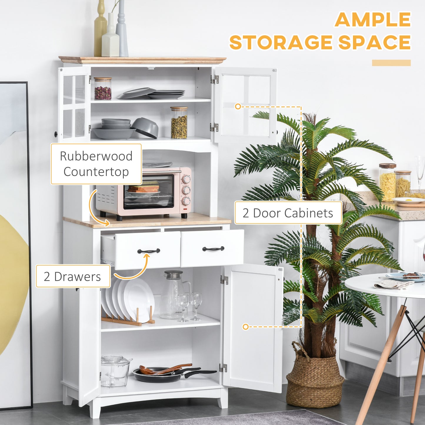 HOMCOM Coastal Style Kitchen Buffet and Hutch Wooden Storage Cabinet with Framed Glass Door Drawers Microwave Space for Dining Room Living Room White