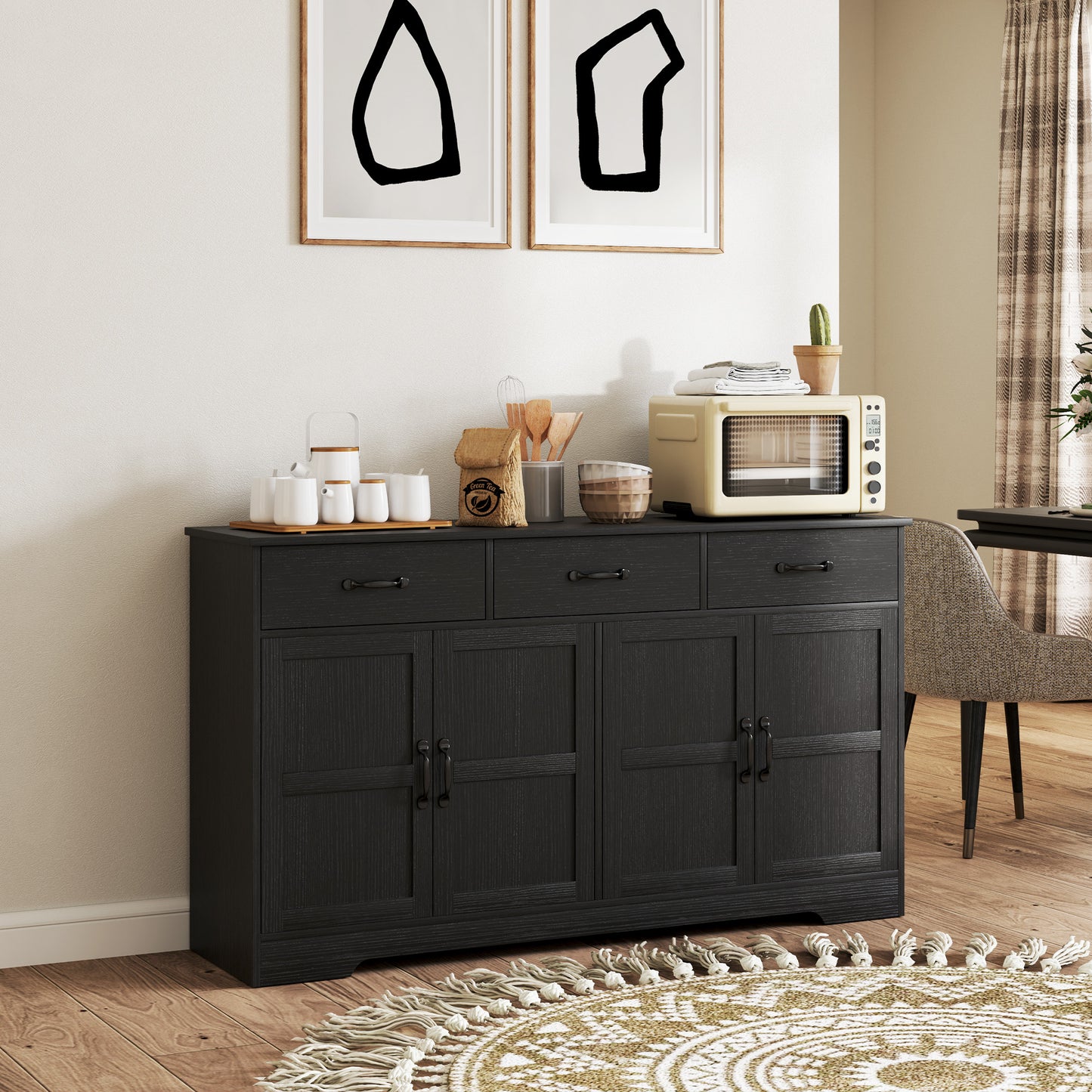 HOMCOM Sideboard Buffet Cabinet with Storage, Modern Coffee Bar Cabinet with 3 Drawers and Adjustable Shelves, Distressed White