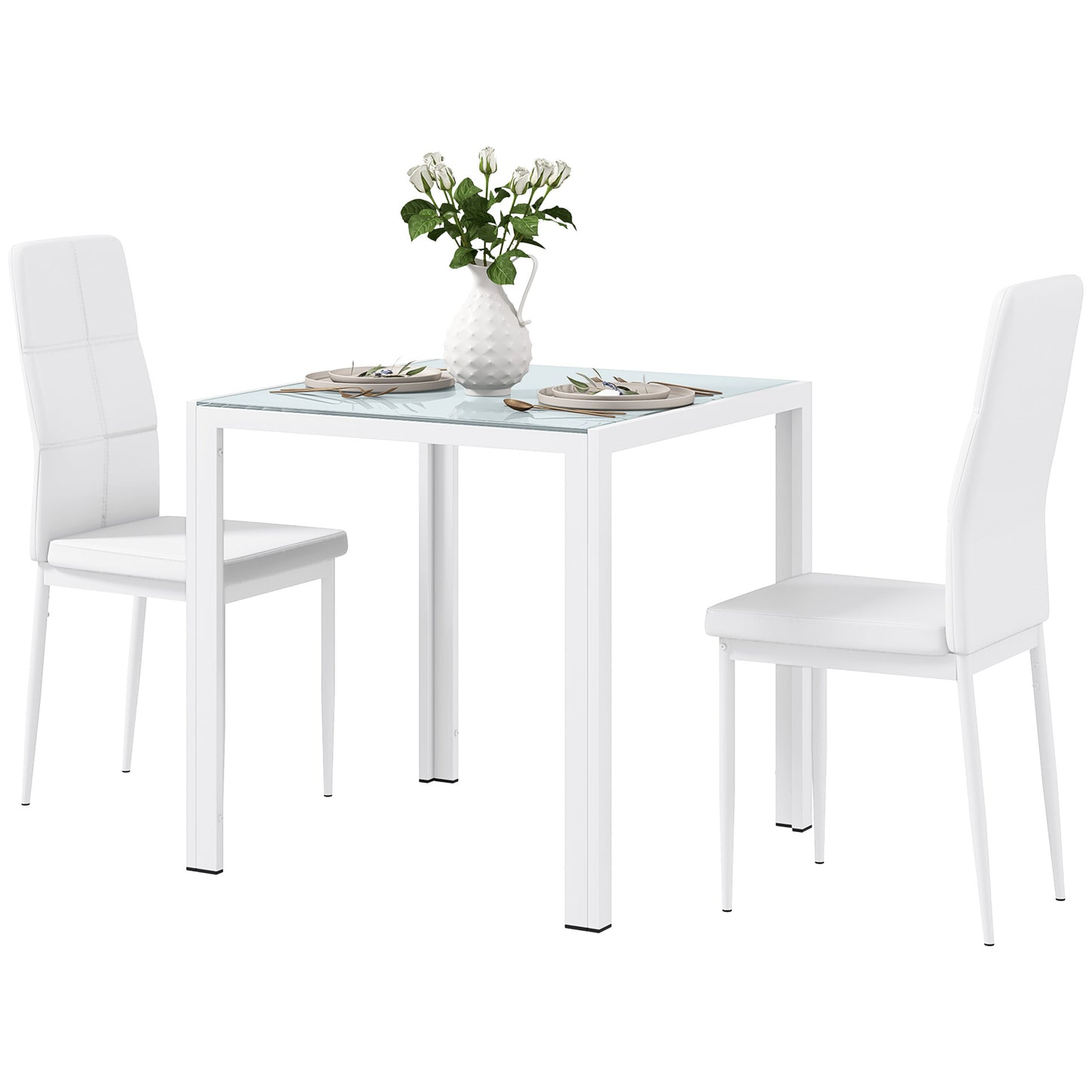HOMCOM 5-Piece Rectangular Glass Kitchen Table and Chairs with Metal Frame and Faux Leather Upholstery for Dining Room, White