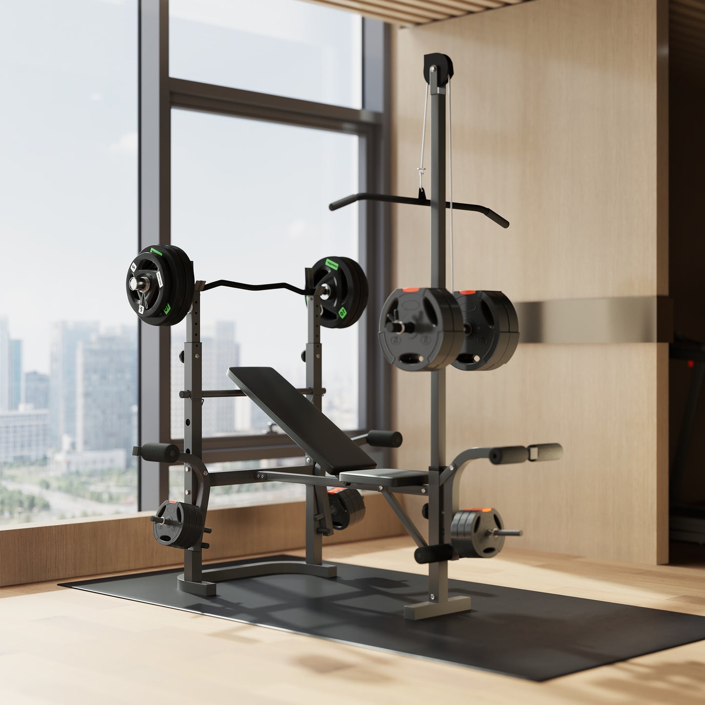 Adjustable Weight Bench with Press Rack, Preacher Curl & Lat Pull Down