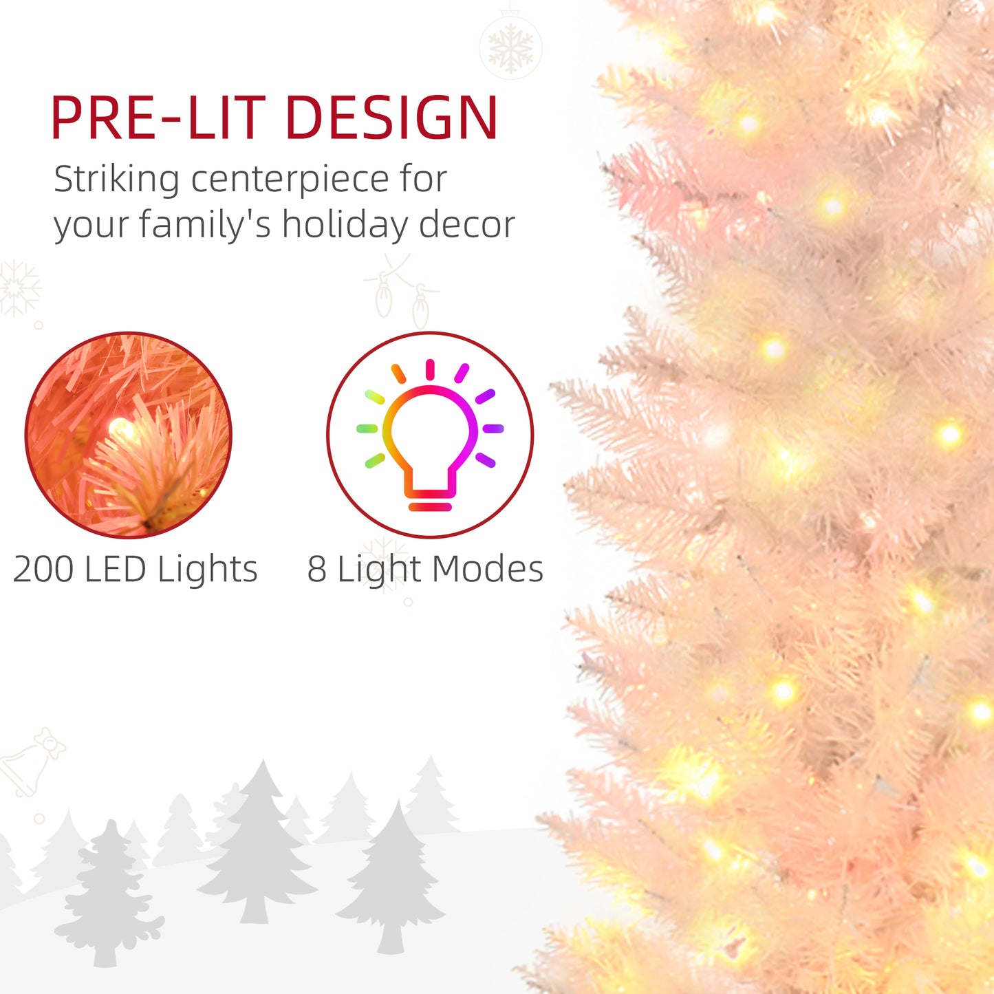 HOMCOM 7' Prelit Christmas Trees, Pencil Artificial Christmas Tree with Colourful Surface Tips, Colourful LED Lights, White