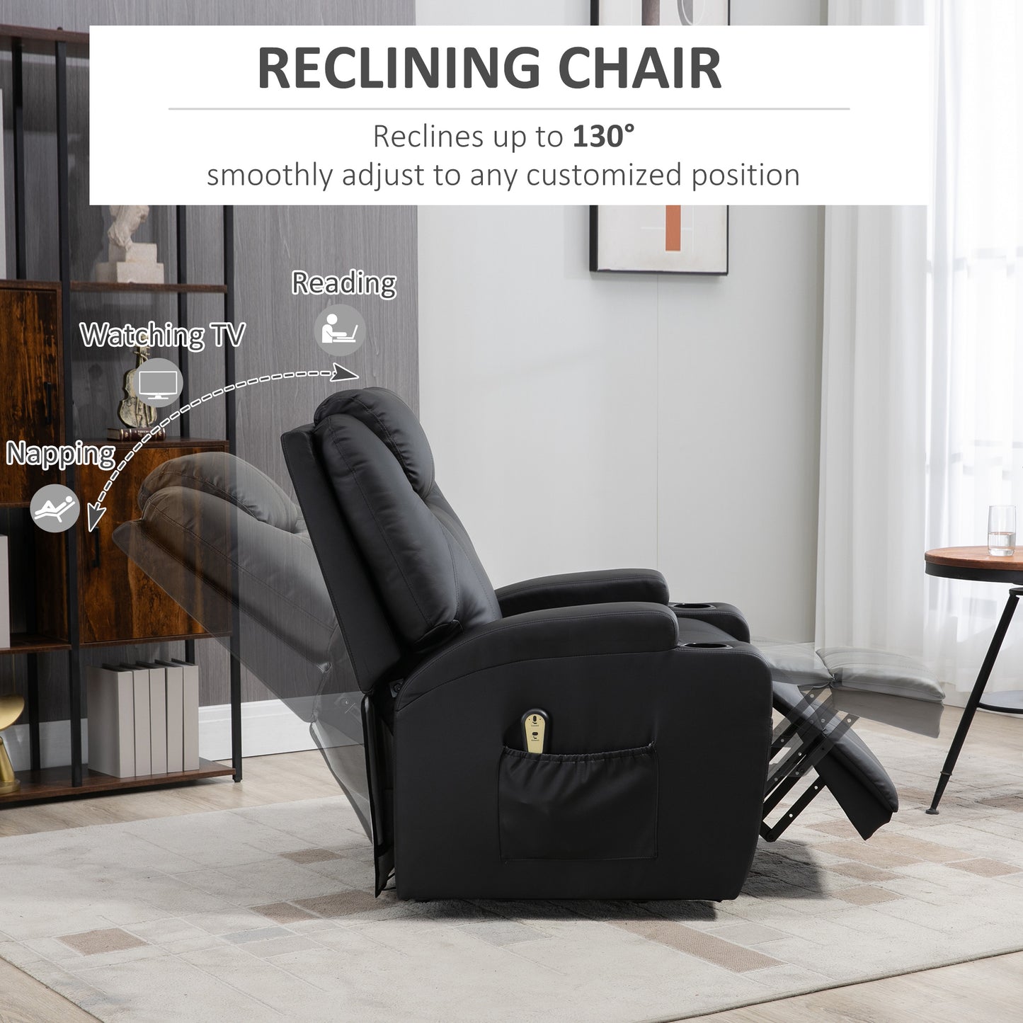 HOMCOM Power Lift Recliner Chair for Elderly, PU Leather Lift Chair with Footrest, Remote Control, Side Pockets and Cup Holders, Reclining Sofa for Living Room, Black