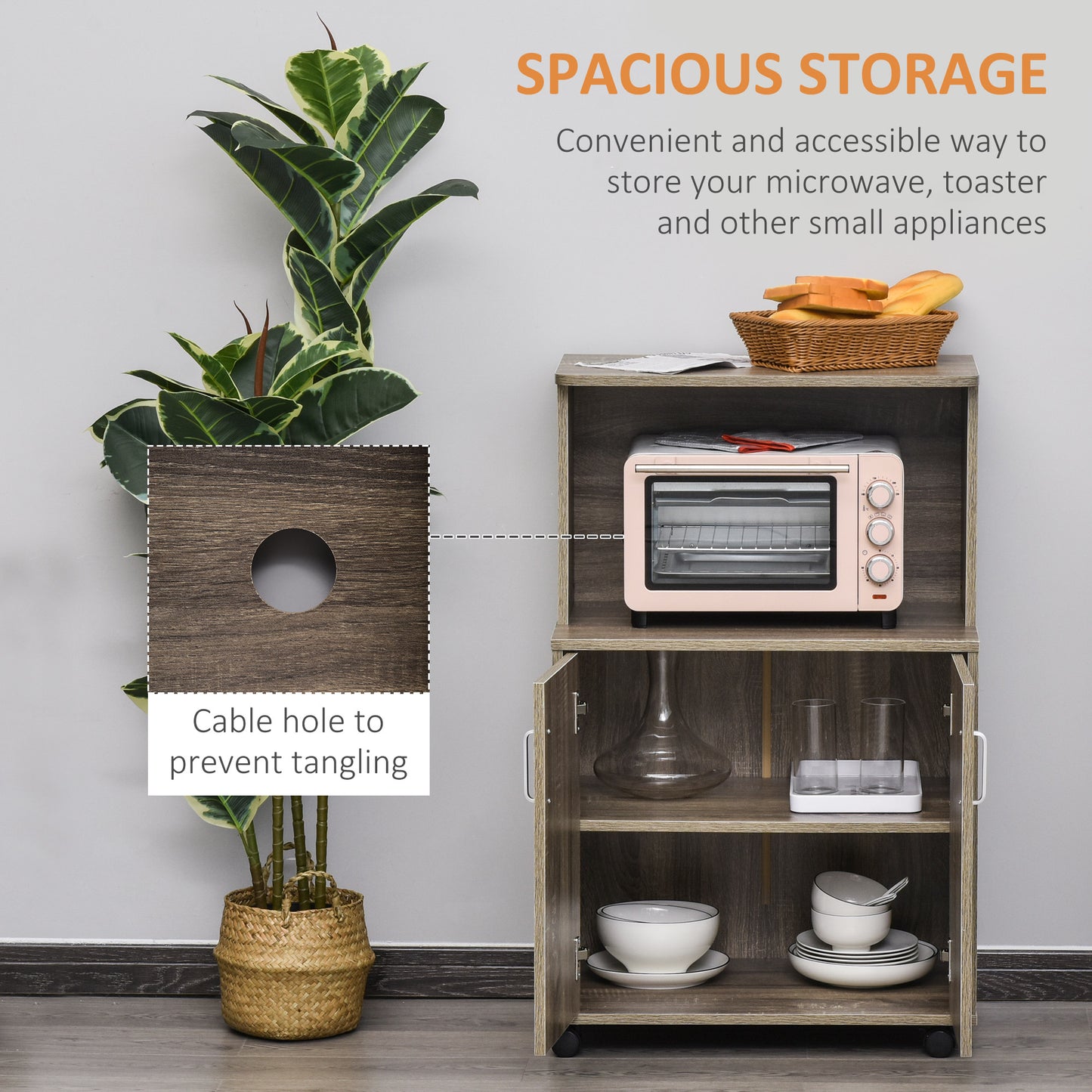 HOMCOM Microwave Cart on Wheels Utility Trolley Storage Sideboard Bookcase with 2-door Cabinet, White Oak