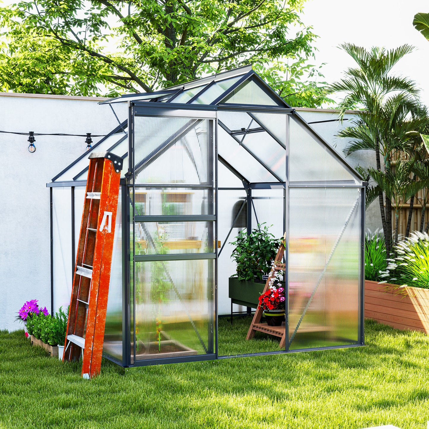 Outsunny 6' x 12' x 6.5' Walk-in Greenhouse, Polycarbonate Greenhouse with Adjustable Roof Vent, Base, Sliding Door, Clear