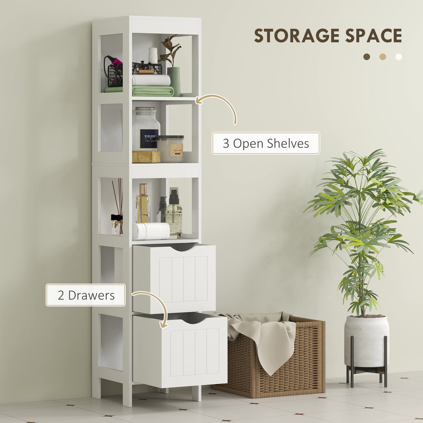 HOMCOM Narrow Bathroom Storage Cabinet, Bathroom Cabinet with 2 Drawers & 3 Open Shelves, Slim Bathroom Floor Cabinet, White