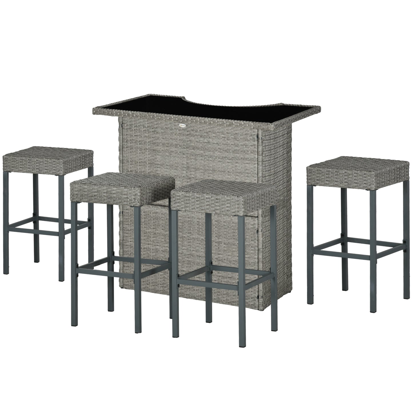 Outsunny 5 Pieces Patio Bar Set, Outdoor PE Rattan Wicker High Top Outdoor Table and Chairs Outdoor Bar Set with Tempered Glass Top Bar Table and Shelves, 4 Bar Chairs, Dark Brown