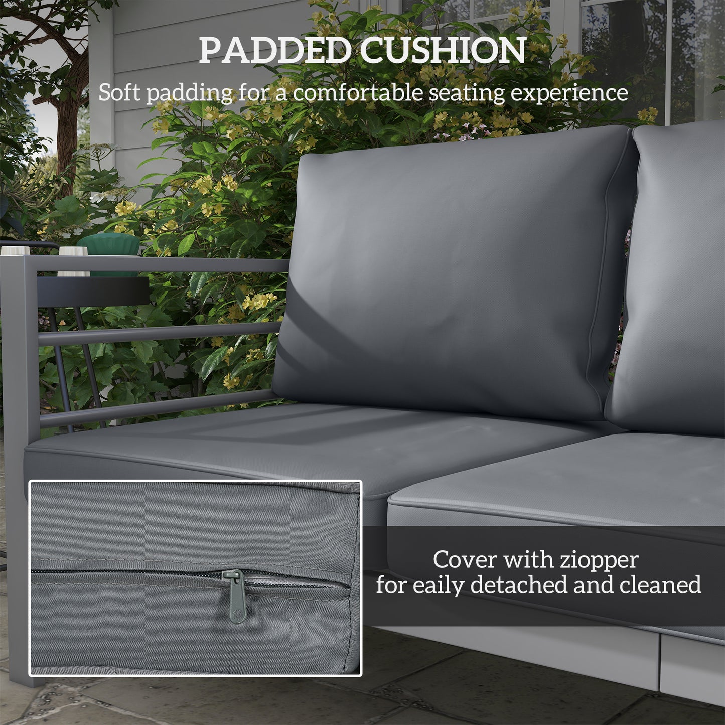 Outsunny Aluminum Garden Sofa, 3-Person Outdoor Couch, Backyard Furniture for 3-person with Cushions, 72.8" x 26" x 25.2", Grey