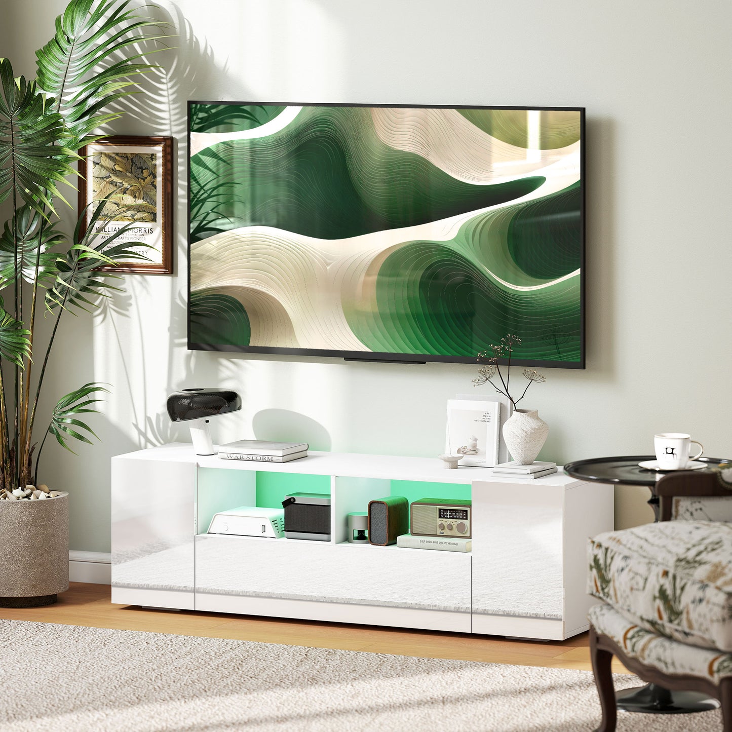 HOMCOM TV Stand for TVs up to 60", TV Unit with LED Lights, Storage Shelves and Cupboards, 53.9" x 13.8" x 16.5", White