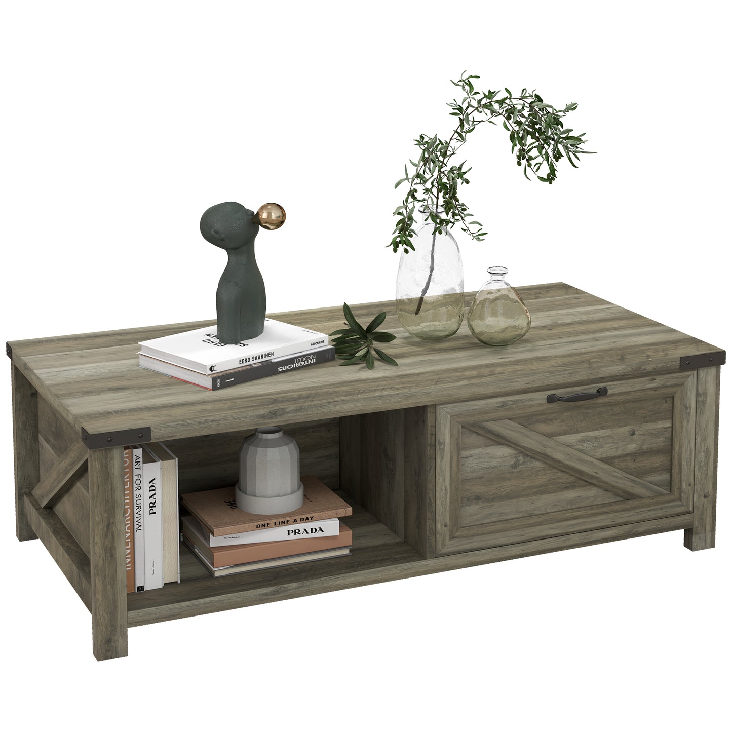 HOMCOM Industrial Coffee Table Side End Table with Drawer, Open Storage Shelf, Modern Farmhouse Furniture, for Living Room, Dining Room, Office, White Oak