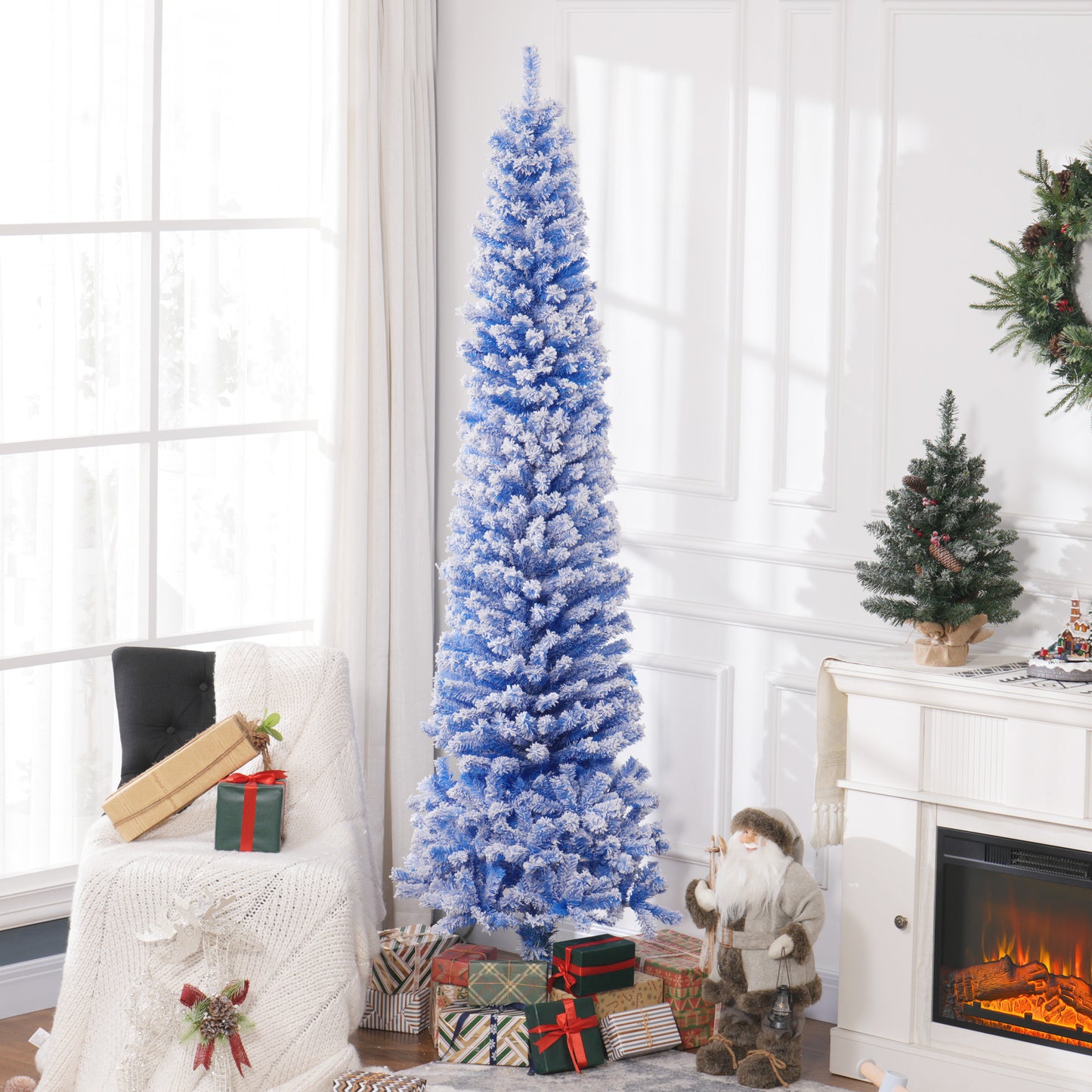 HOMCOM 7.5ft Flocked Christmas Tree, Pencil Christmas Tree with Realistic Branch Tips, Folding Metal Stand, Green