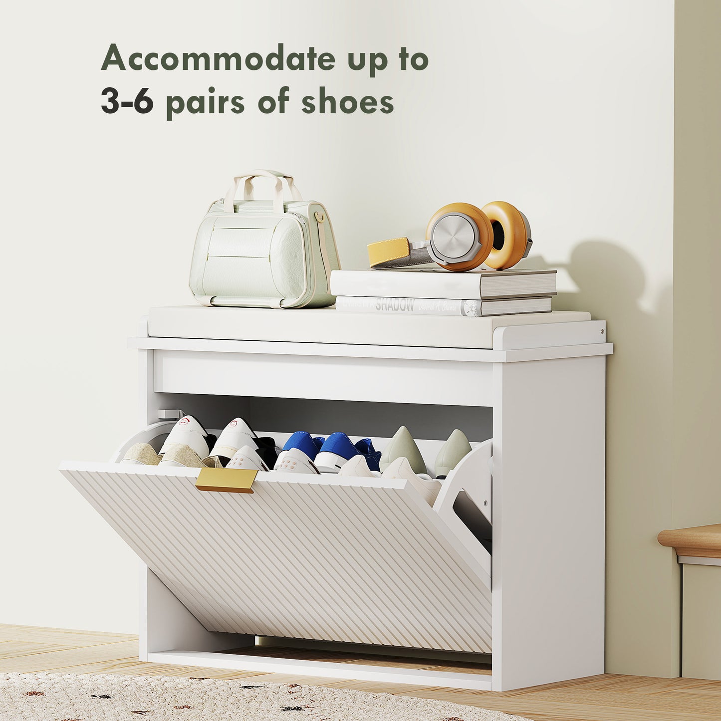 HOMCOM Entryway Bench with Padded Seat and Flip-Drawers, Holds up to 265lbs, Shoe Storage Bench for 6 Pairs of Shoes, White