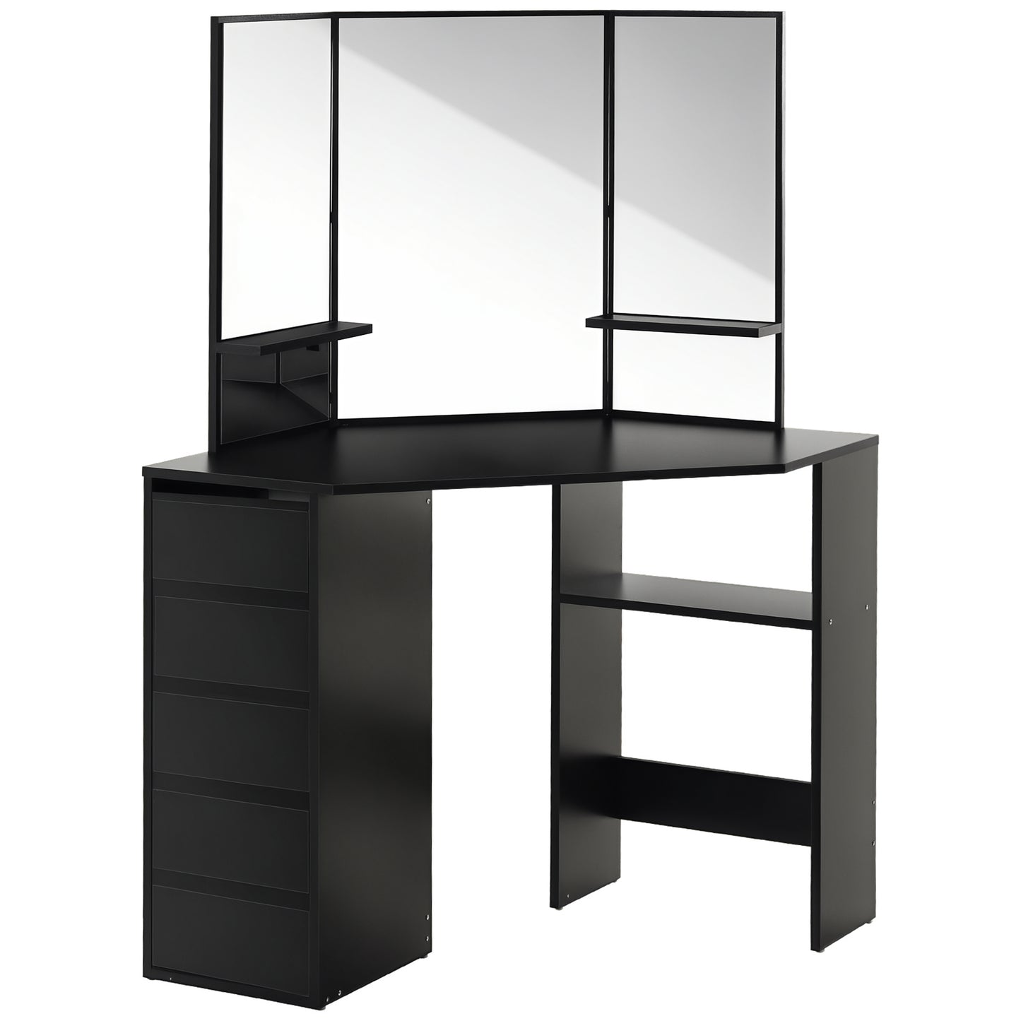 HOMCOM Corner Vanity Desk with Mirror, Makeup Vanity Table with 5 Drawers and Open Shelves, Dressing Table with 3-piece Mirror for Bedroom, Black