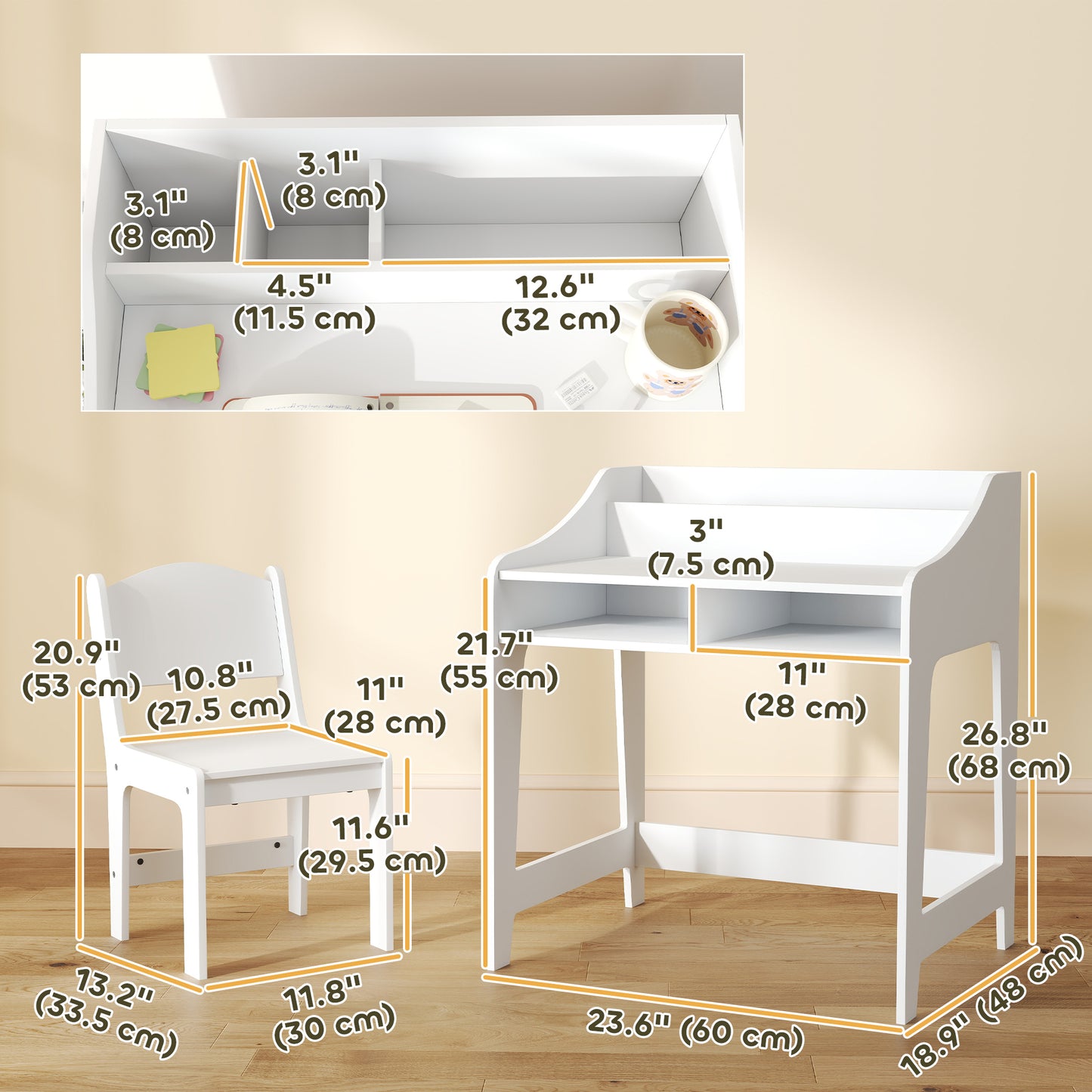 Qaba Kids Desk and Chair Set with Storage, Shelves for Bedroom, 3-8 Years Old, White