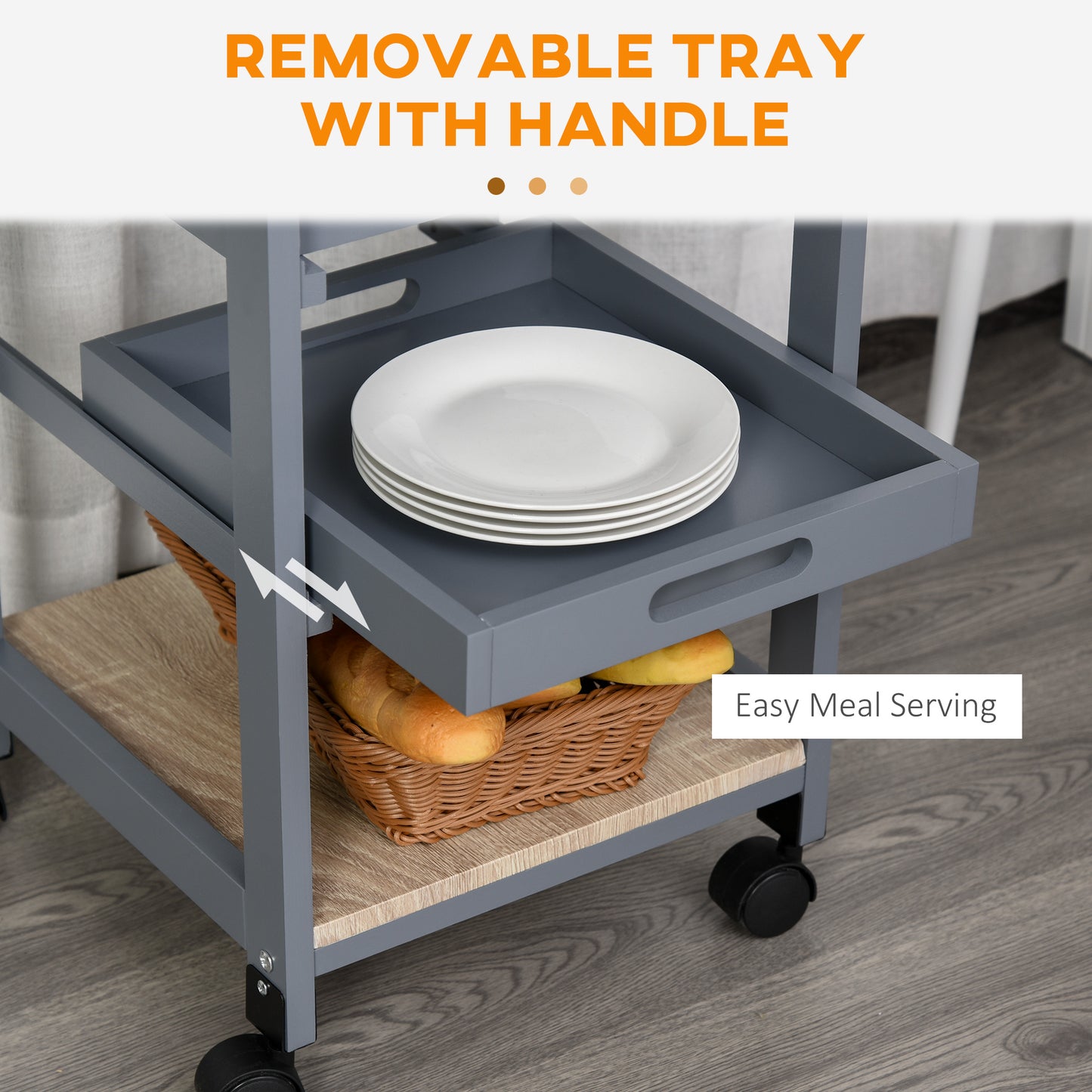 HOMCOM Rolling Kitchen Island Cart, Mobile Utility Storage Cart with Drawer, Wire Storage Basket, Removable Tray, Grey
