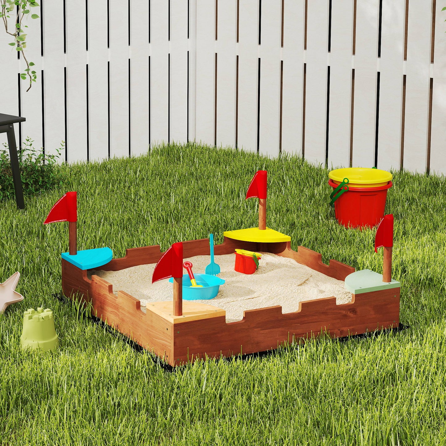 Qaba Wooden Kids Sandbox with Cover, 4 Seats, Rudder, Deck, Bottom Liner, 52" x 40" x 55.5", for Ages 3-8, Yellow