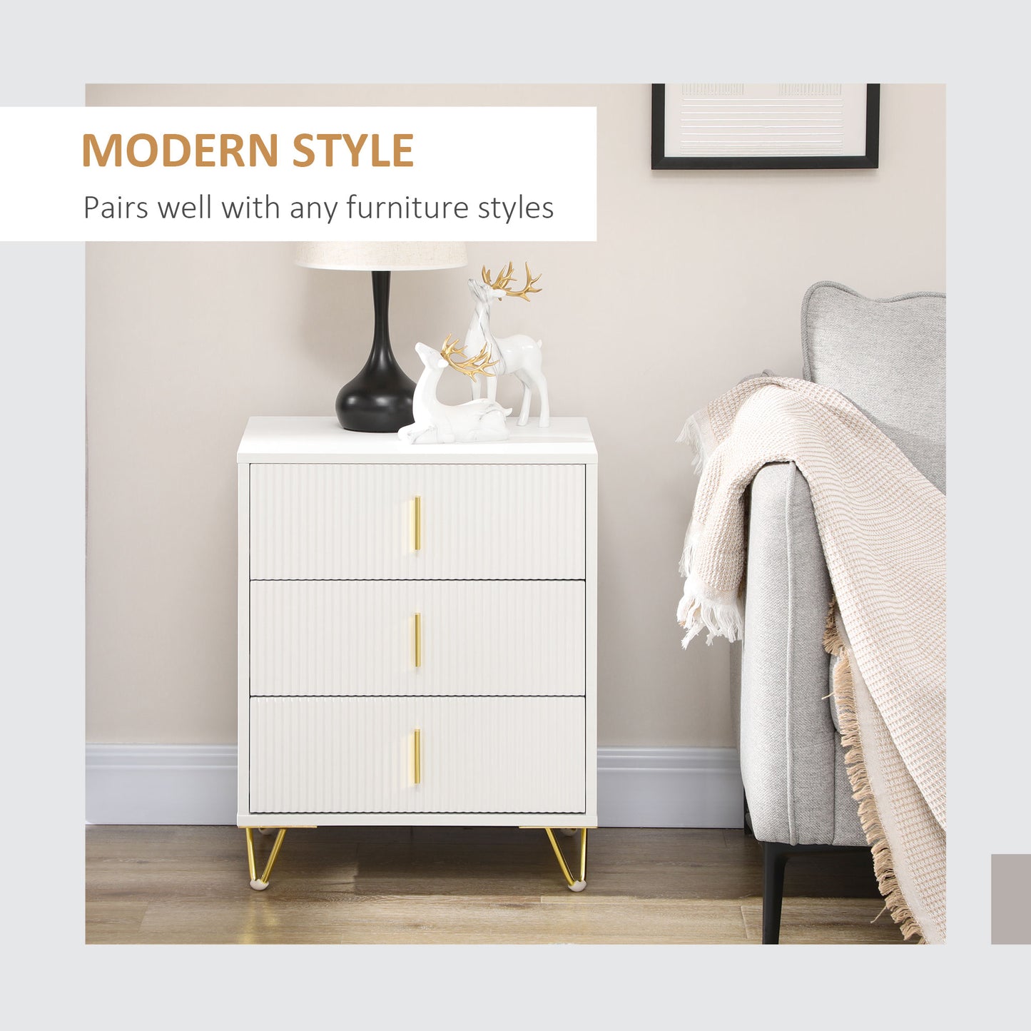 HOMCOM Drawer Chest, 3-Drawer Storage Cabinet Unit with Metal Legs for Living Room, 19.7"x15.7"x24.8", White