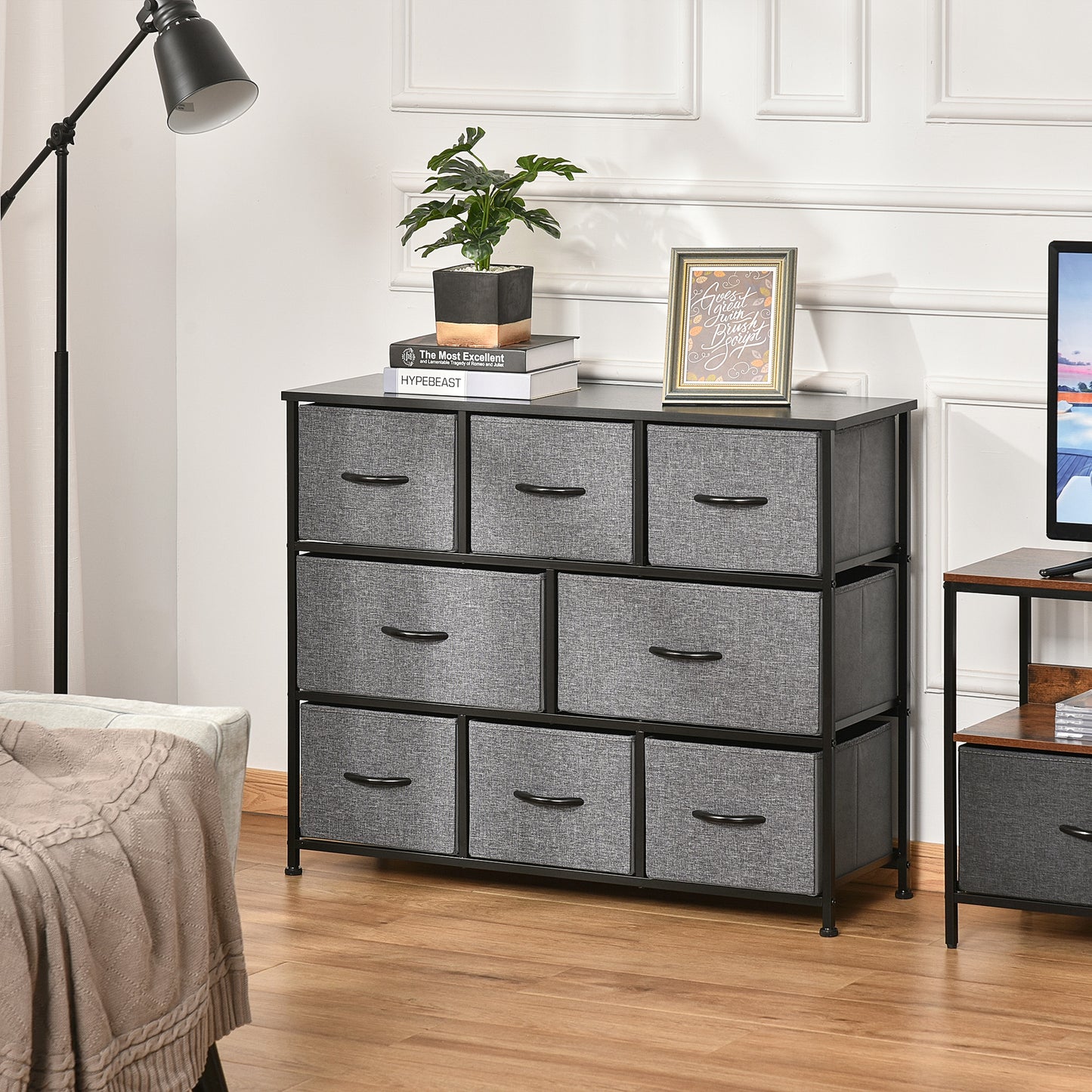 HOMCOM 8-Bin Dresser Storage Tower Cabinet Organizer Unit, Easy Pull Fabric Bins with Metal Frame for Living Room
