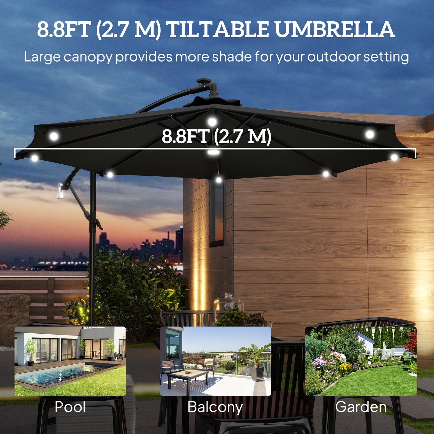 Outsunny 8.8FT Cantilever Patio Umbrella with Solar Powered LED Lights, Crank Handle, Cross Base for Outdoor Sun Shade, Grey