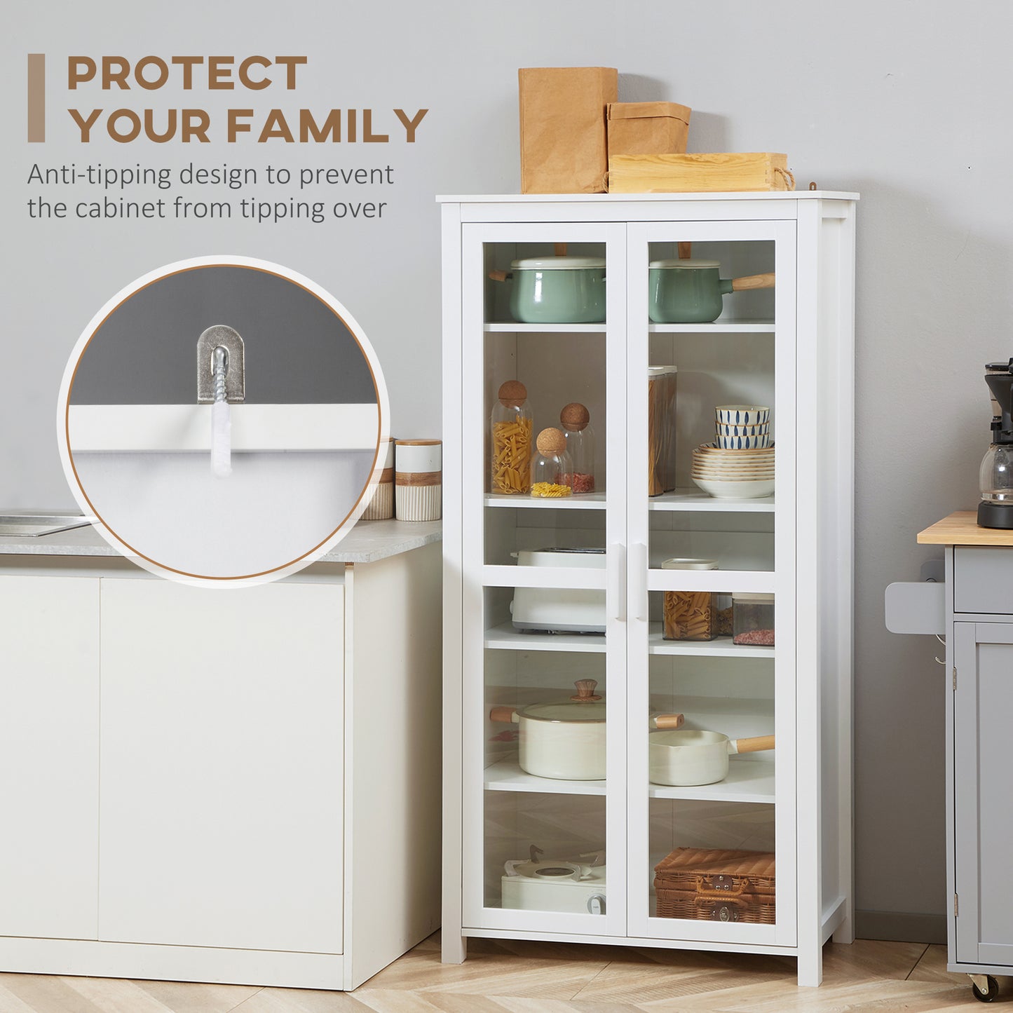 HOMCOM Freestanding Kitchen Pantry, Buffet Cabinet, 5-tier Storage Cabinet with Adjustable Shelves and 2 Glass Doors, White