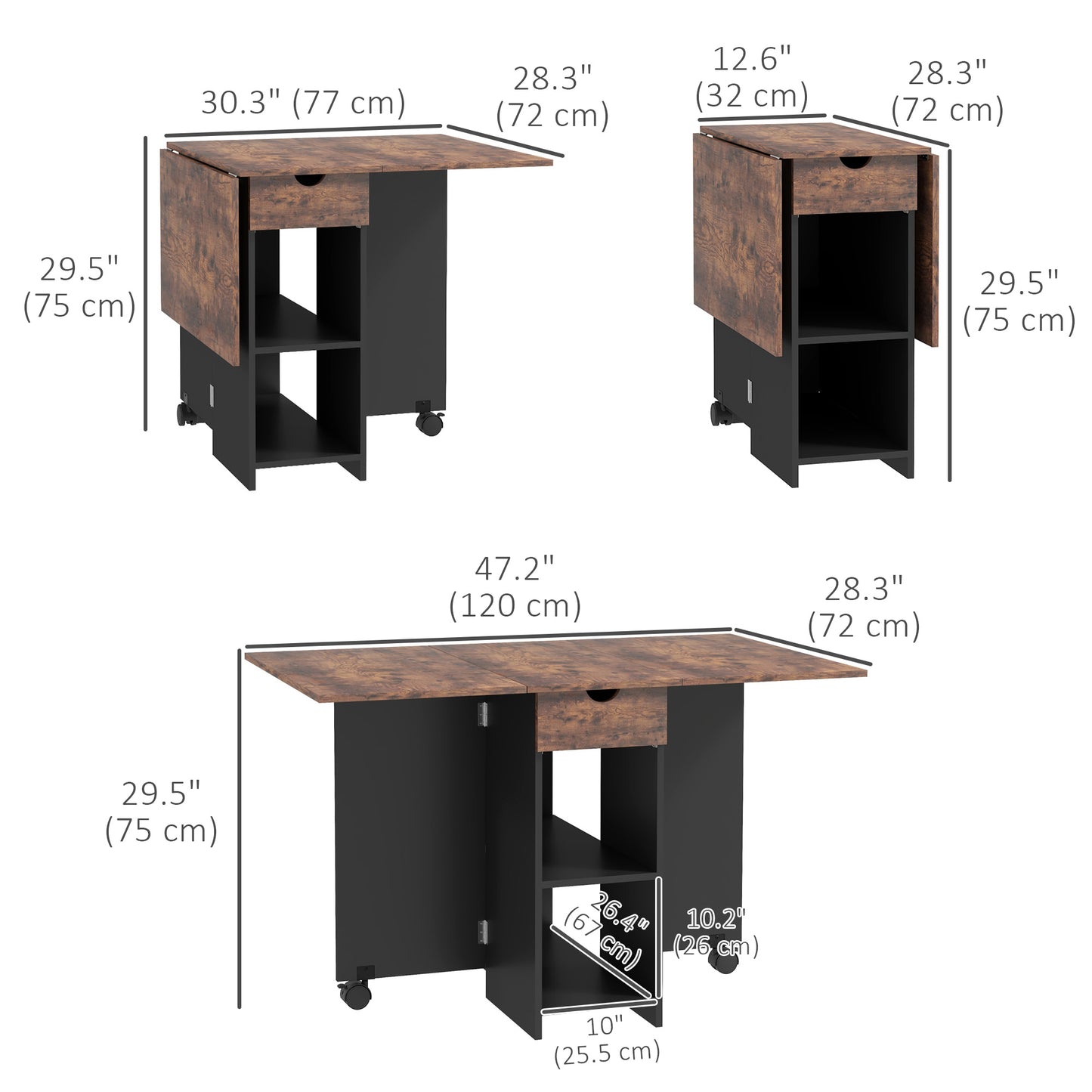 HOMCOM Folding Dining Table, Space Saving Drop Leaf Table with Drawer and Storage Shelves for Kitchen, Dining Room, Oak