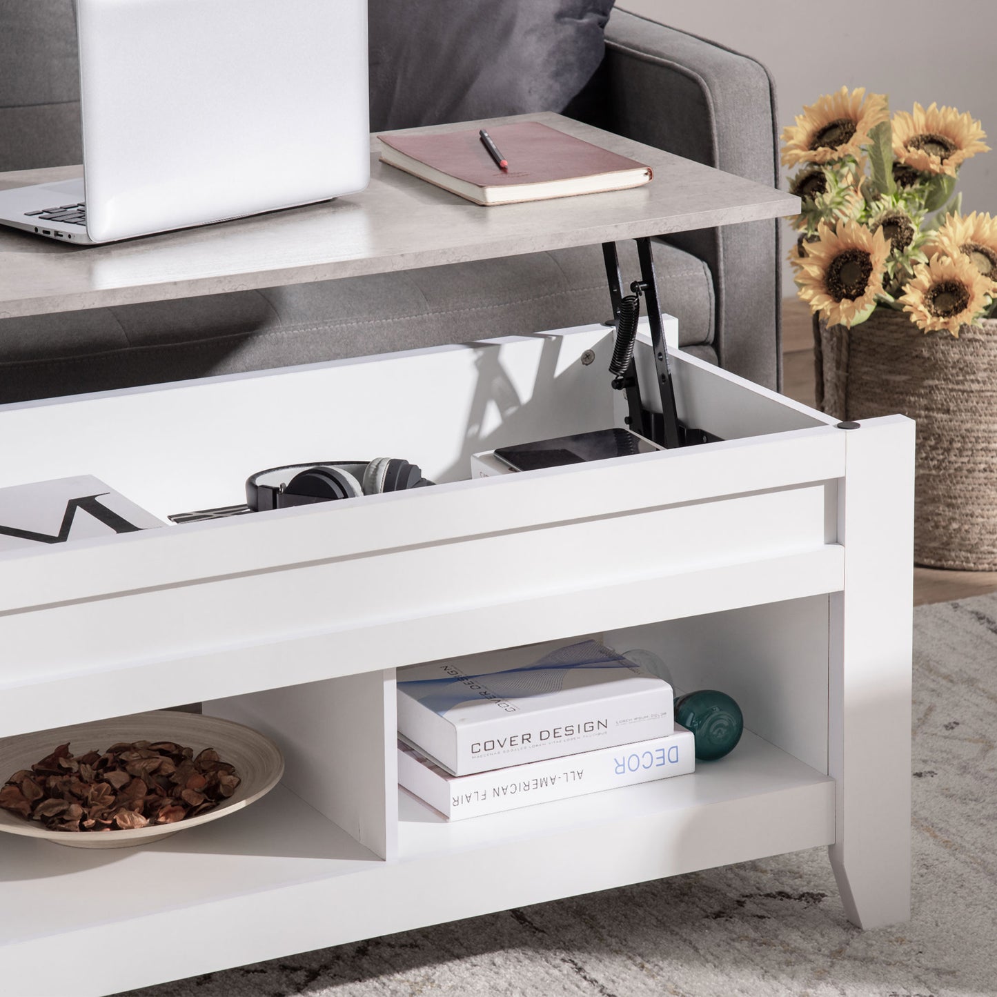 HOMCOM Lift Top Coffee Table with Hidden Storage Compartment and Open Shelves, Lift Tabletop Pop-Up Center Table for Living Room, White
