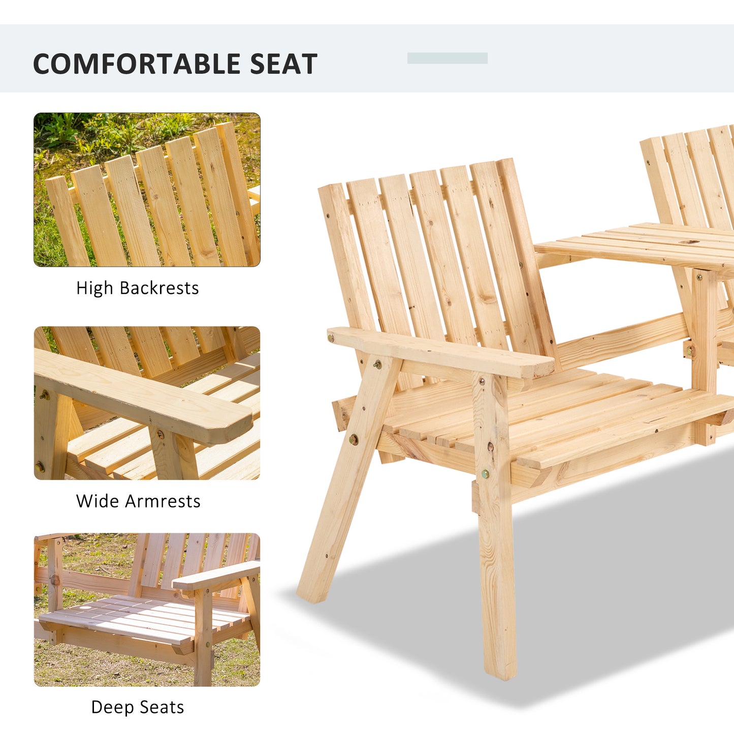 Outsunny Garden Bench for 2 Persons with Middle Table and Umbrella Hole, 2-Seater Outdoor Wooden Bench with Slat Design, Natural