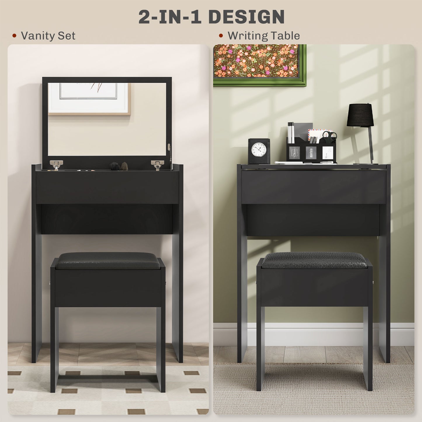 HOMCOM Modern Vanity Set with Makeup Table and Cushioned Stool, Dressing Table with Flip Top and Mirror for Bedroom, White