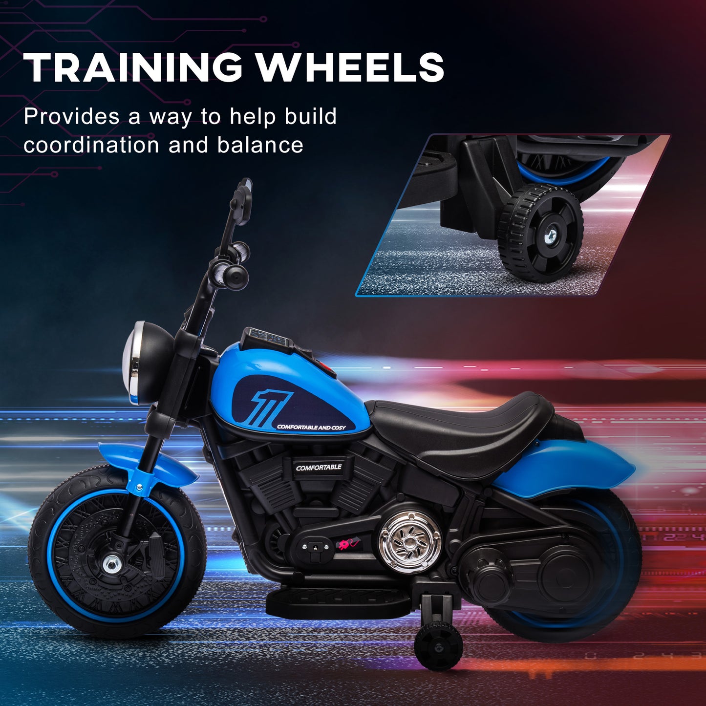 Aosom 6V Kids Motorcycle with Training Wheels, Foot Pedal, Headlight, Music, Forward/Reverse, Single-Button Start, Red