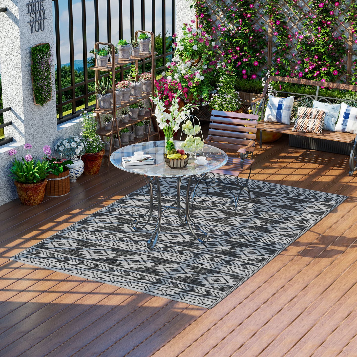 Outsunny Reversible Outdoor RV Rug, Patio Floor Mat, 6' x 9' Plastic Straw Rug for Backyard, Deck, Beach, Camping, Black & Grey