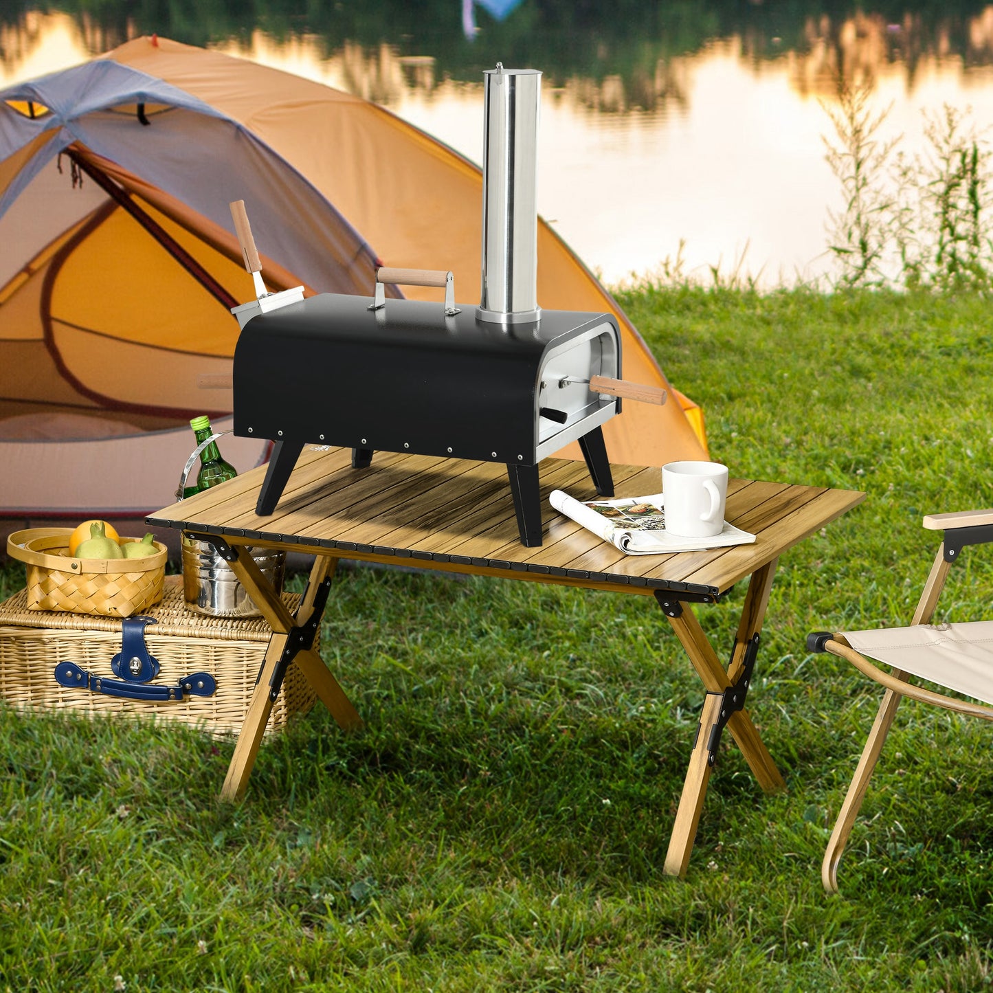 Outsunny Wood Fired Pizza Oven Stainless Steel Pizza Maker with Foldable Legs and Waterproof Cover, Black