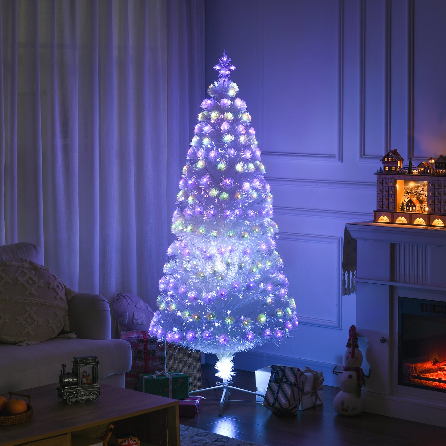 HOMCOM 6FT Artificial Tree Multi-Colored Pre-Lit Home Christmas Decoration White