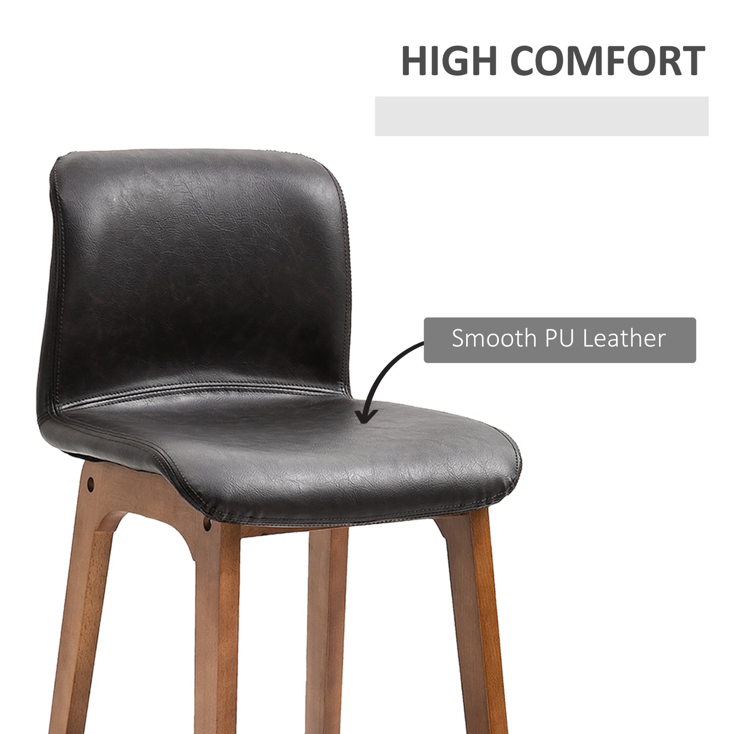 HOMCOM Modern Bar Stools Set of 2, Counter Height Bar Chair with PU Leather Wooden Frame Padding Seats for Dining Room Home Bar, Dark Brown