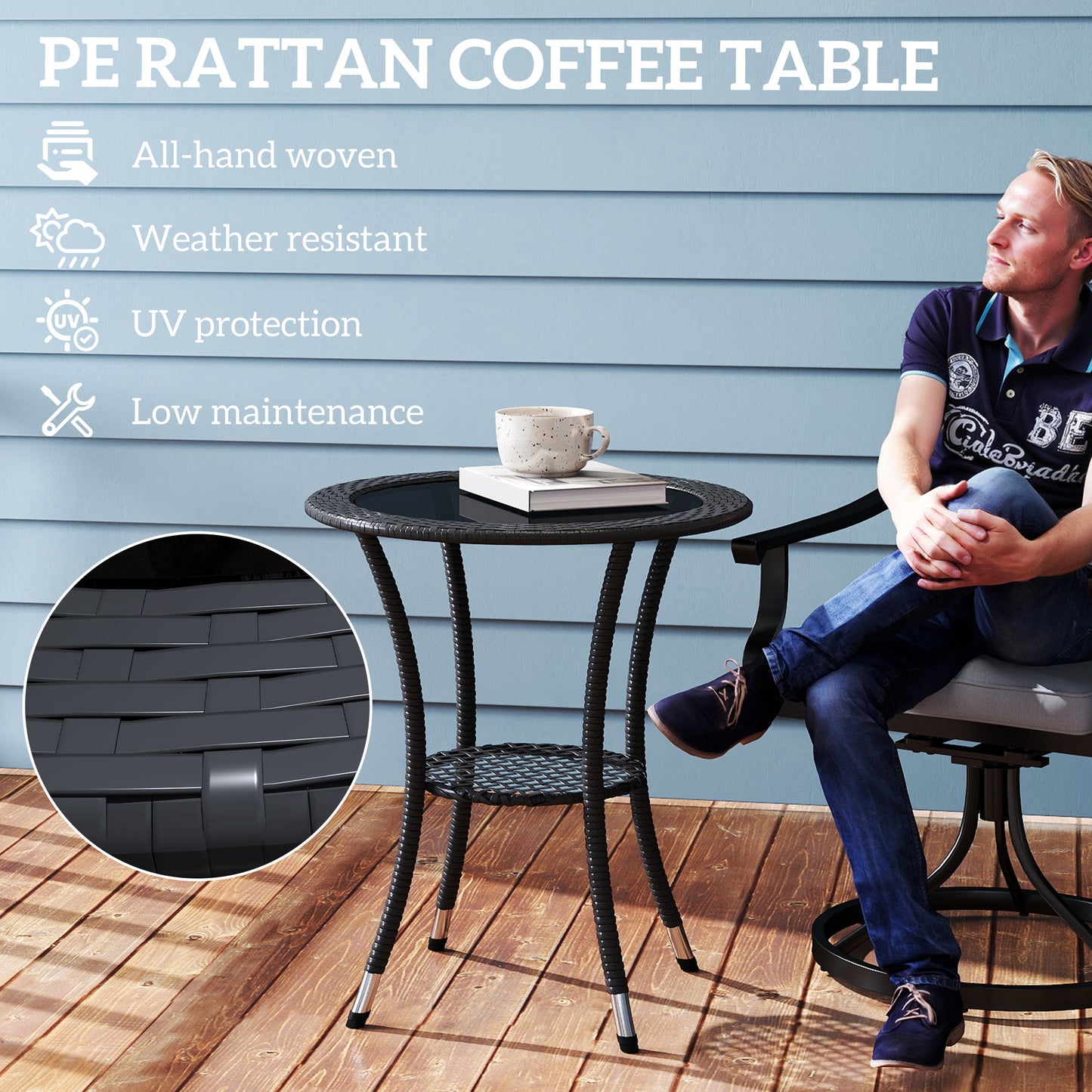Outsunny Outdoor Rattan Dining Table, Patio Wicker Round Coffee Table with 2-Tier Storage Shelf, Brown