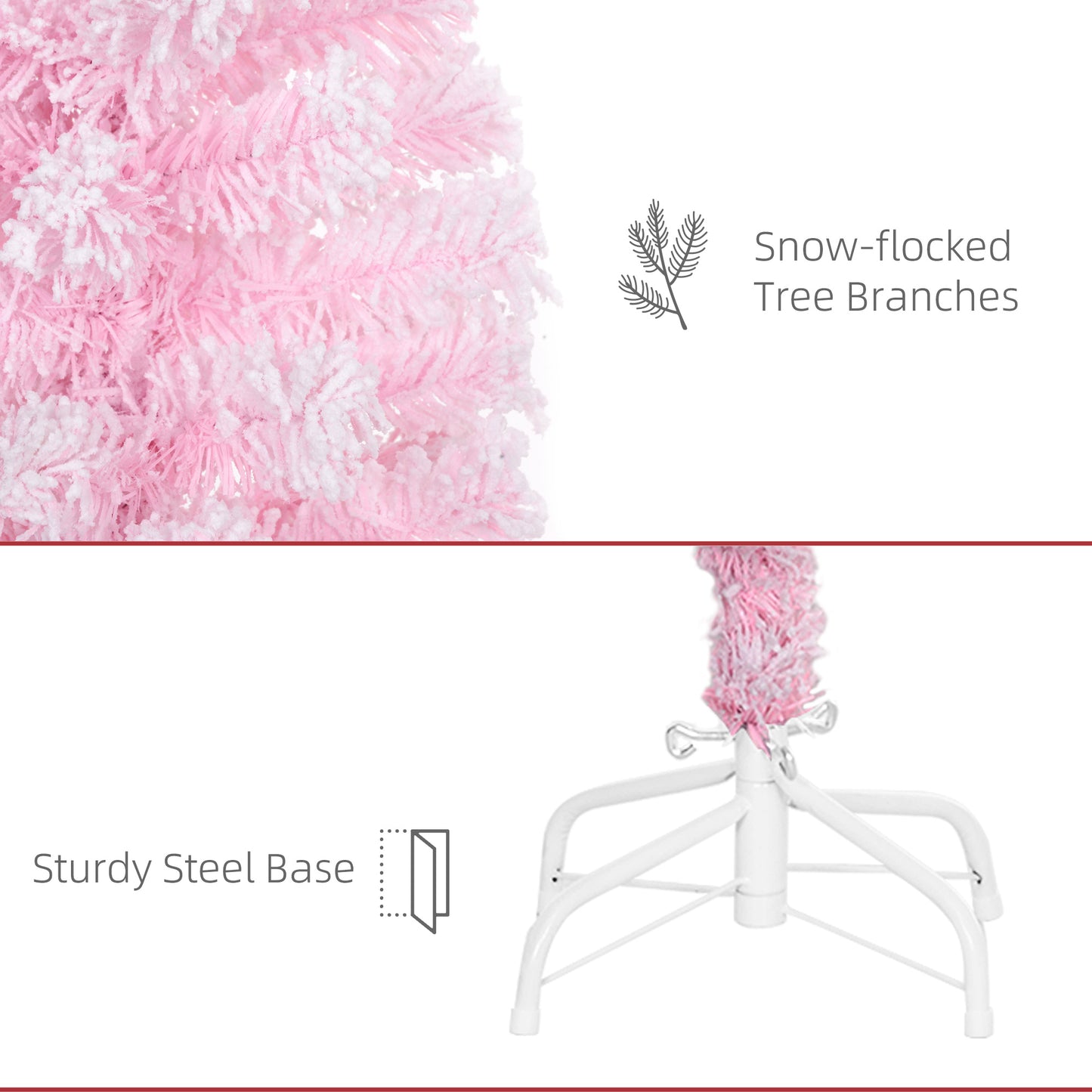 HOMCOM 7.5 FT Snow Flocked Artificial Christmas Tree, Pencil Xmas Tree with Realistic Branches, Auto Open and Steel Base, Pink