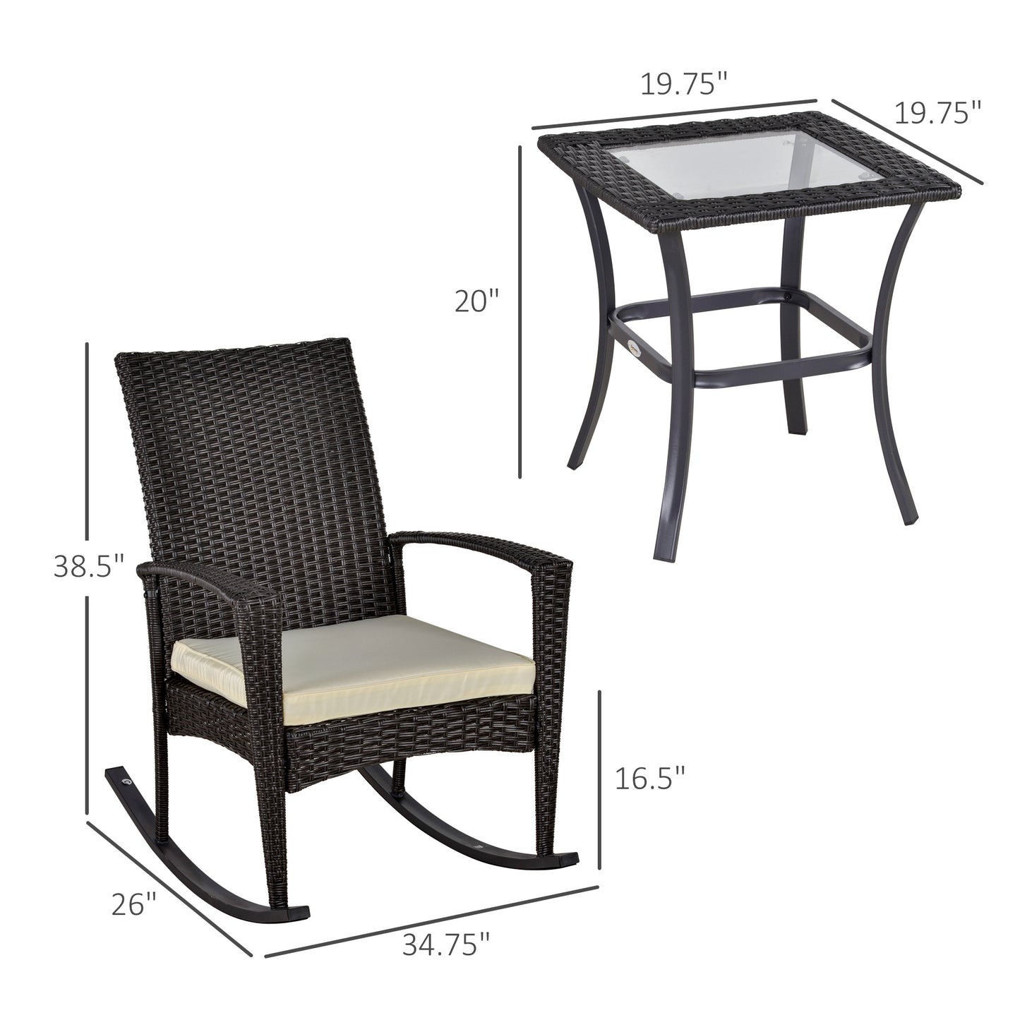 Outsunny 3 Pieces Patio Wicker Rocking Chair Set, Outdoor PE Rattan Bistro Set Conversation Rocker Set with 2 Chairs 1 Coffee Table for Backyard, Deck, Poolside, Dark Grey