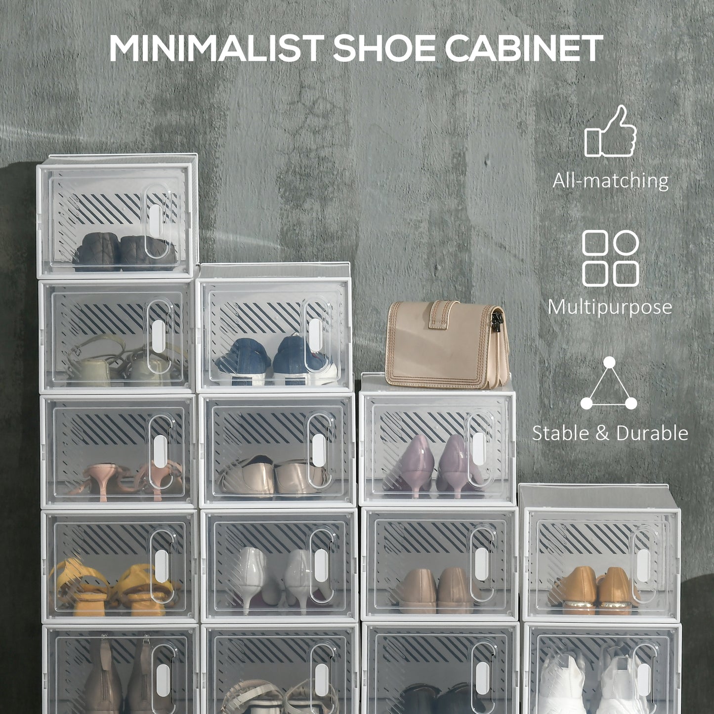 HOMCOM 18 Pack Shoe Storage Boxes, Space-saving Shoe Organizers, Clear Plastic Stackable Holders Containers with Front Opening